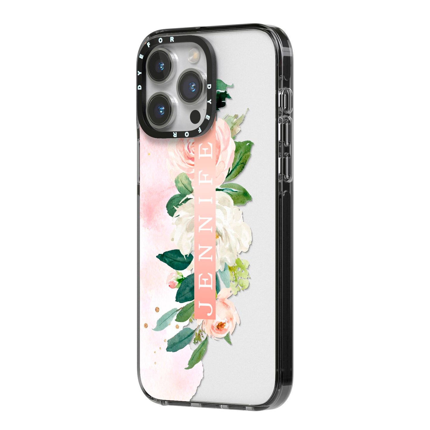Blush Pink Personalised Name Floral iPhone 14 Pro Max Black Impact Case Side Angle on Silver phone