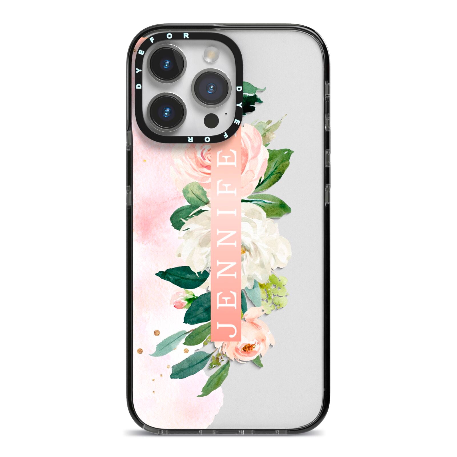 Blush Pink Personalised Name Floral iPhone 14 Pro Max Black Impact Case on Silver phone