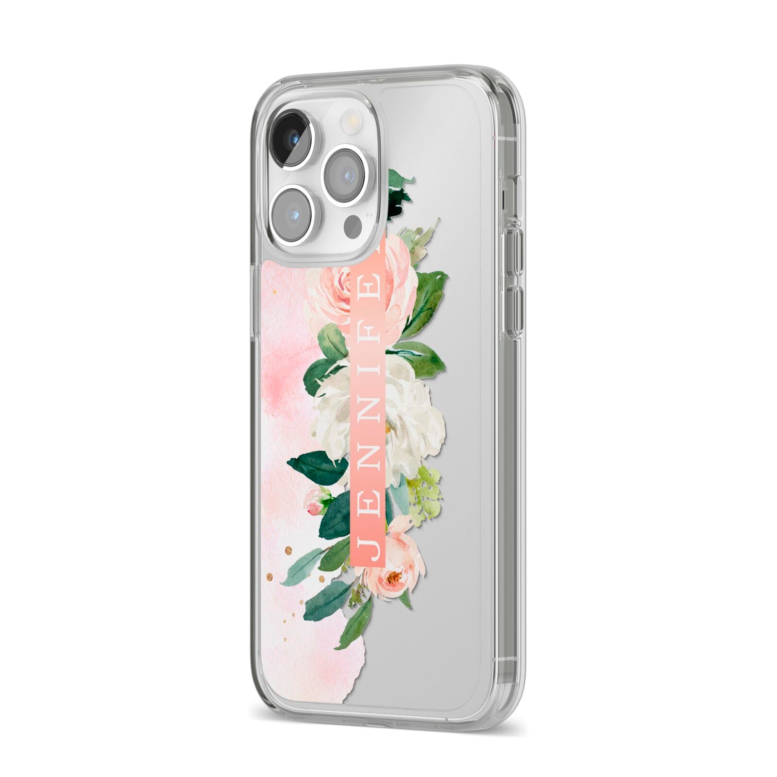 Blush Pink Personalised Name Floral iPhone 14 Pro Max Clear Tough Case Silver Angled Image