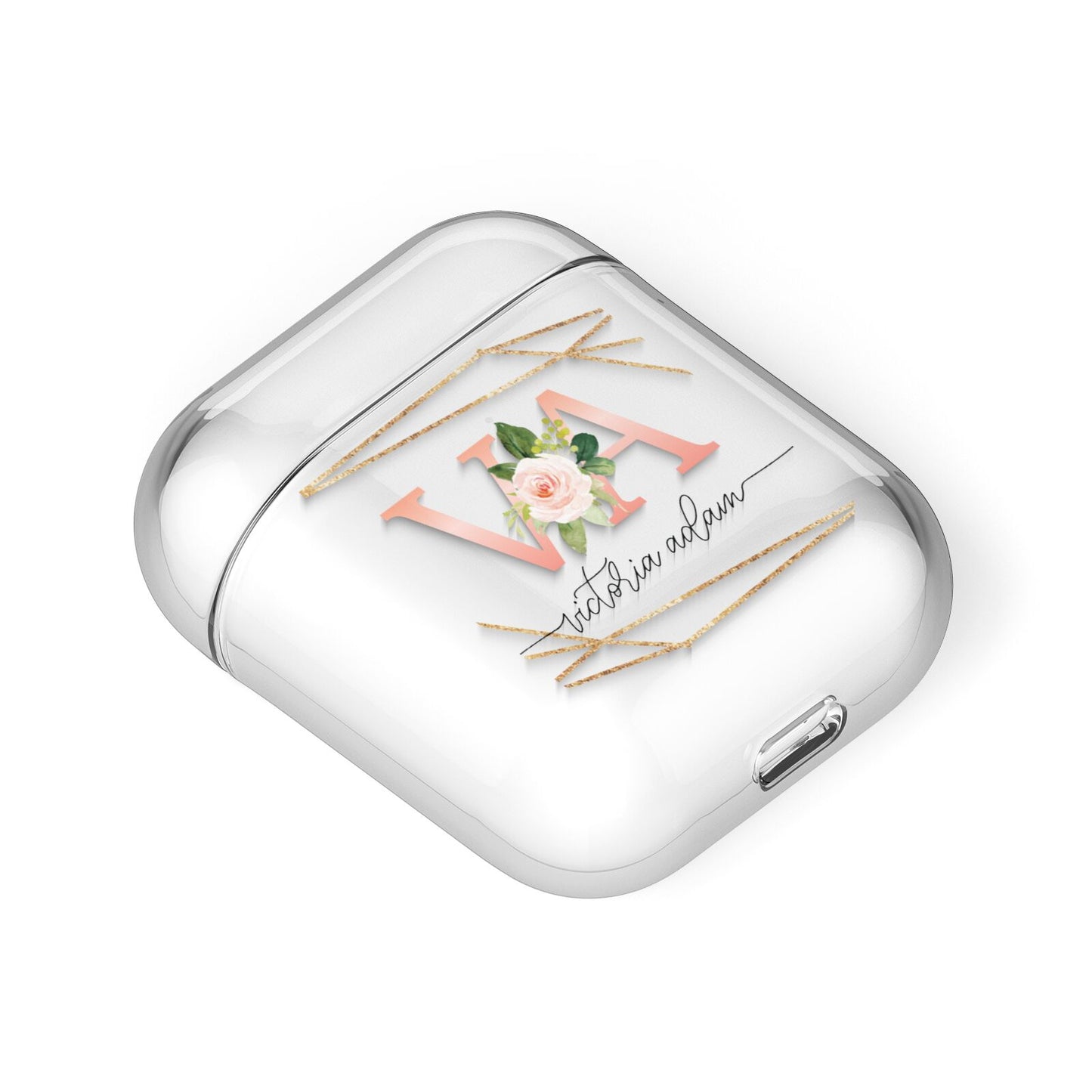 Blush Pink Rose Floral Personalised AirPods Case Laid Flat