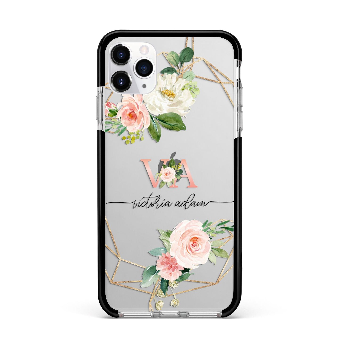 Blush Pink Rose Floral Personalised Apple iPhone 11 Pro Max in Silver with Black Impact Case