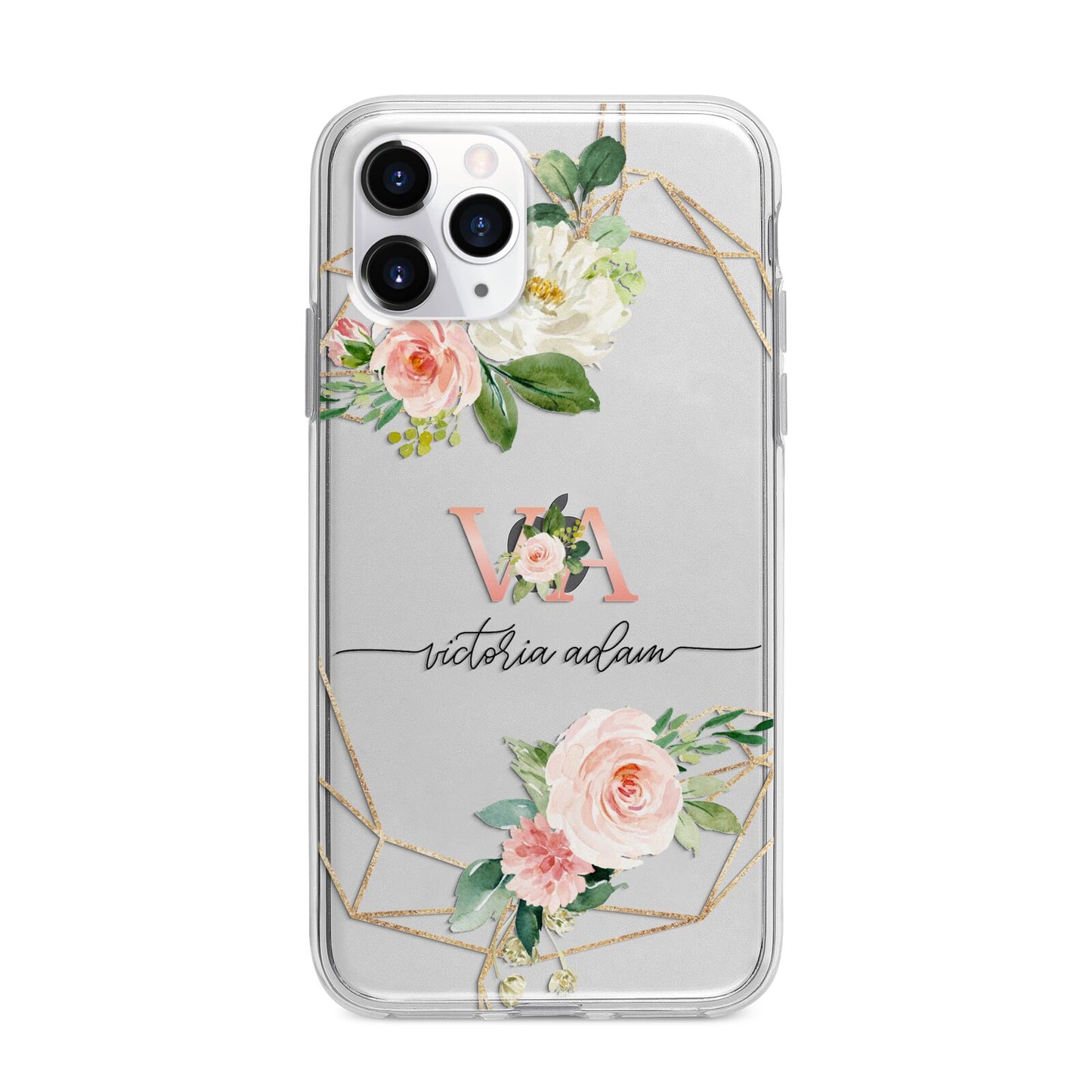 Blush Pink Rose Floral Personalised Apple iPhone 11 Pro Max in Silver with Bumper Case