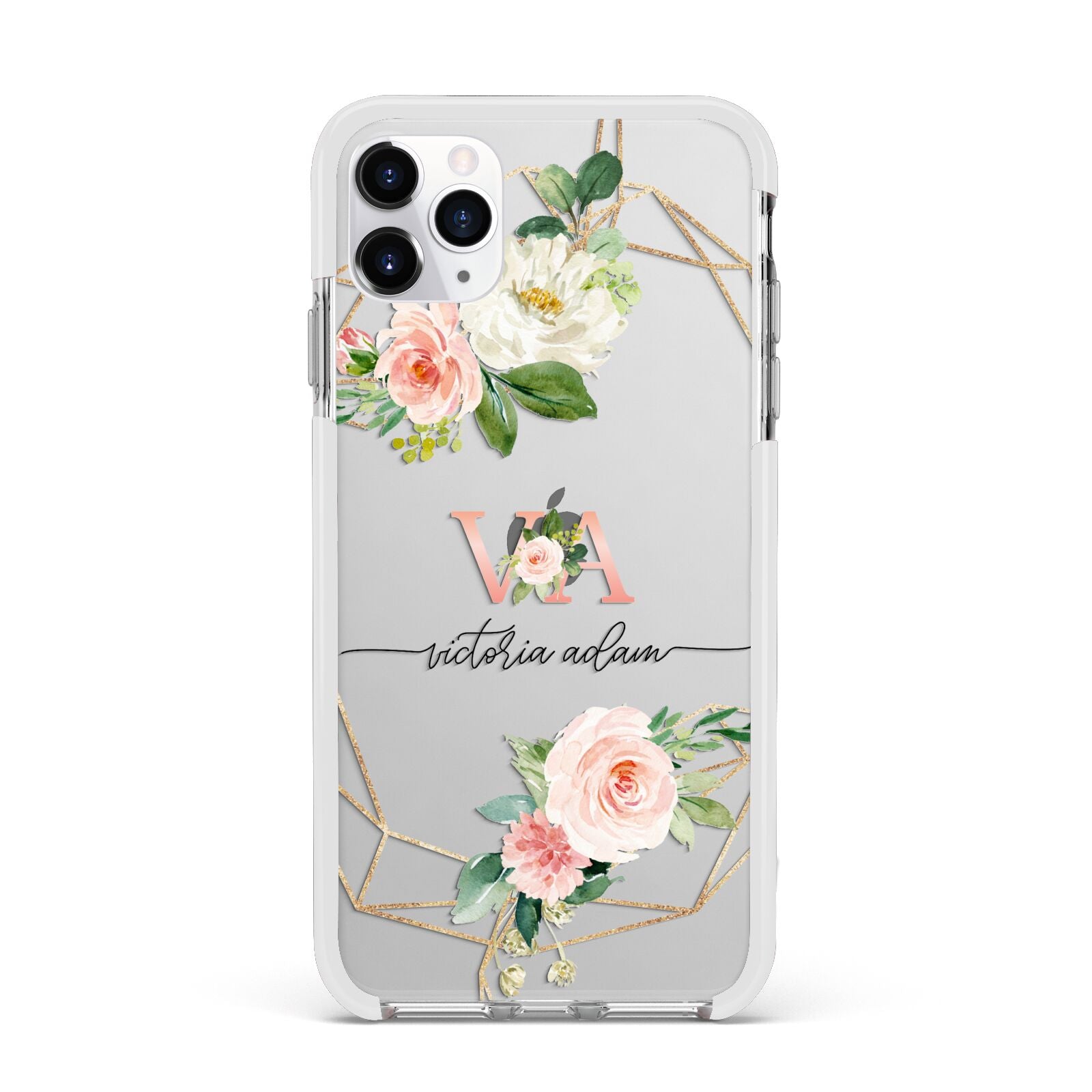 Blush Pink Rose Floral Personalised Apple iPhone 11 Pro Max in Silver with White Impact Case