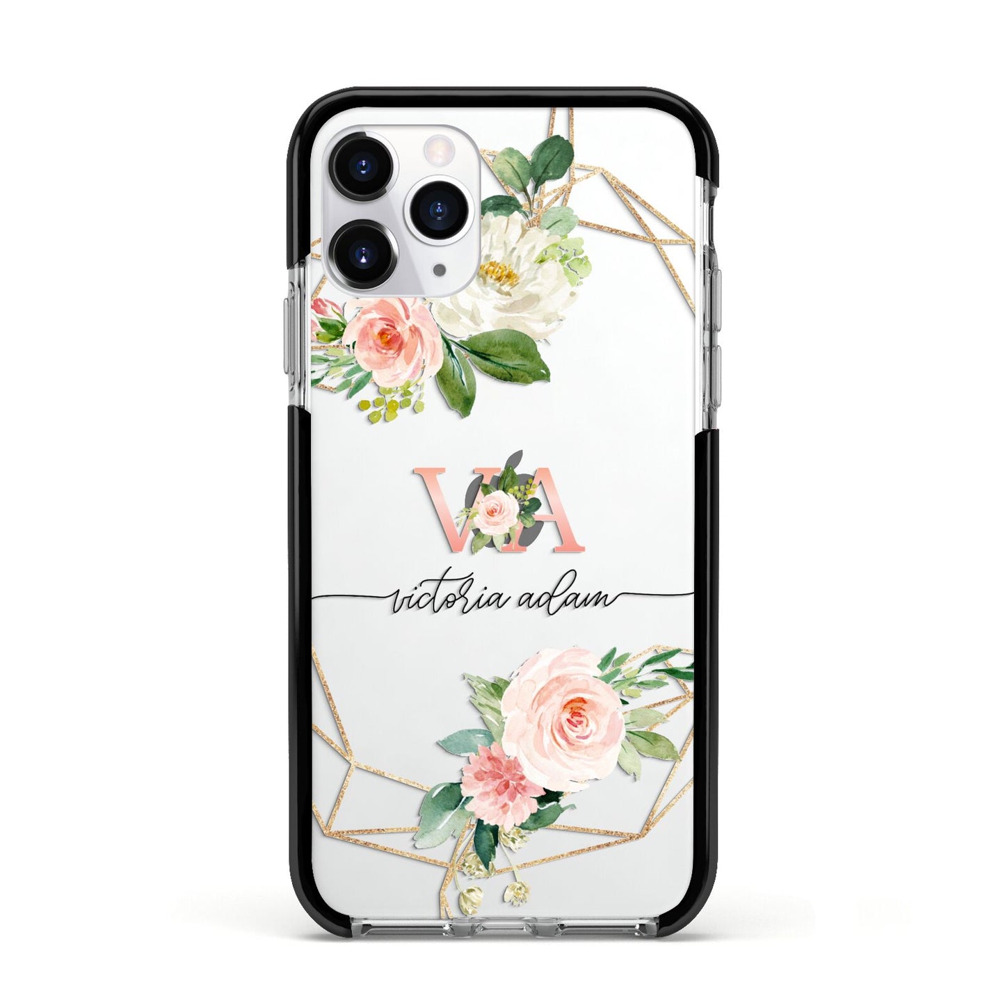 Blush Pink Rose Floral Personalised Apple iPhone 11 Pro in Silver with Black Impact Case