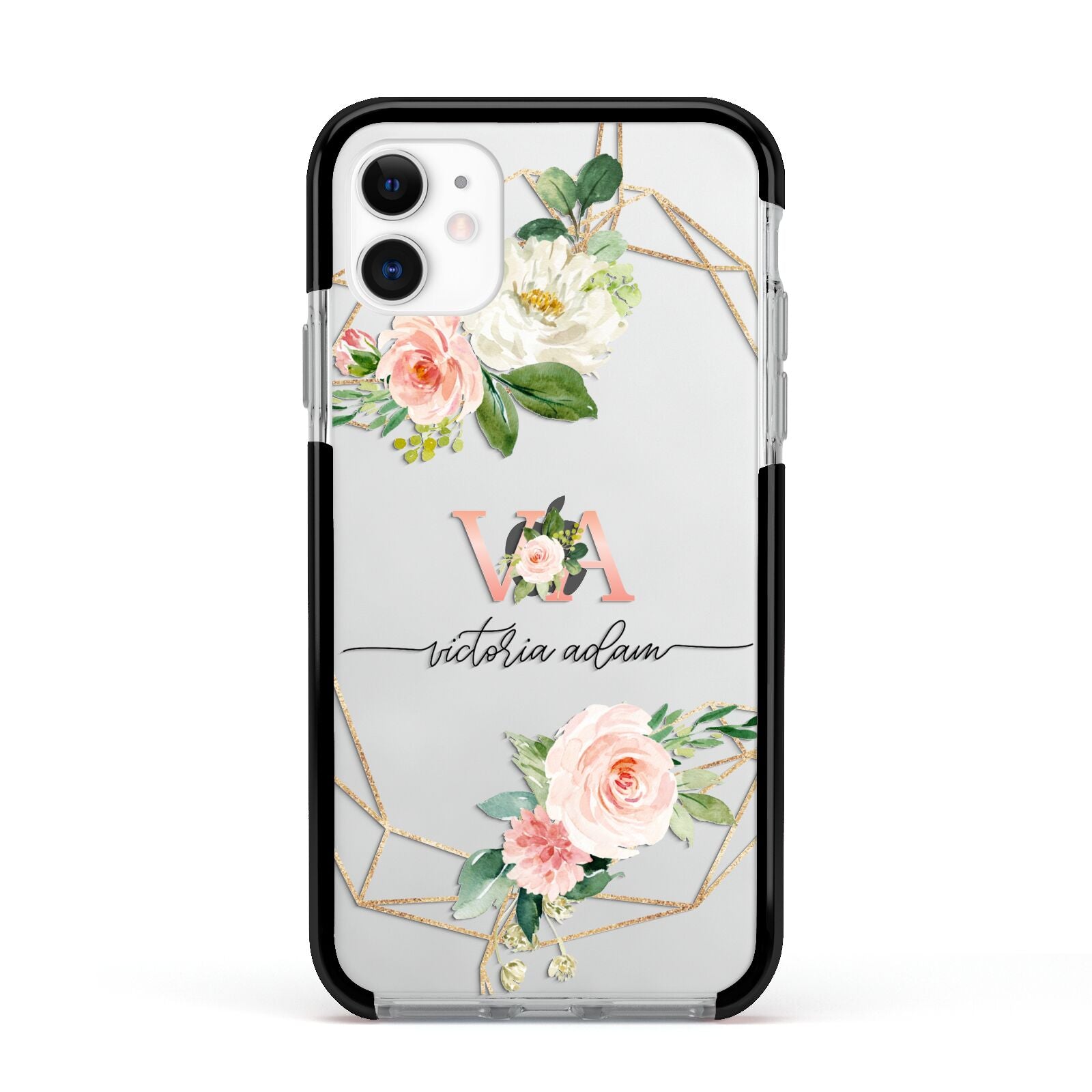 Blush Pink Rose Floral Personalised Apple iPhone 11 in White with Black Impact Case