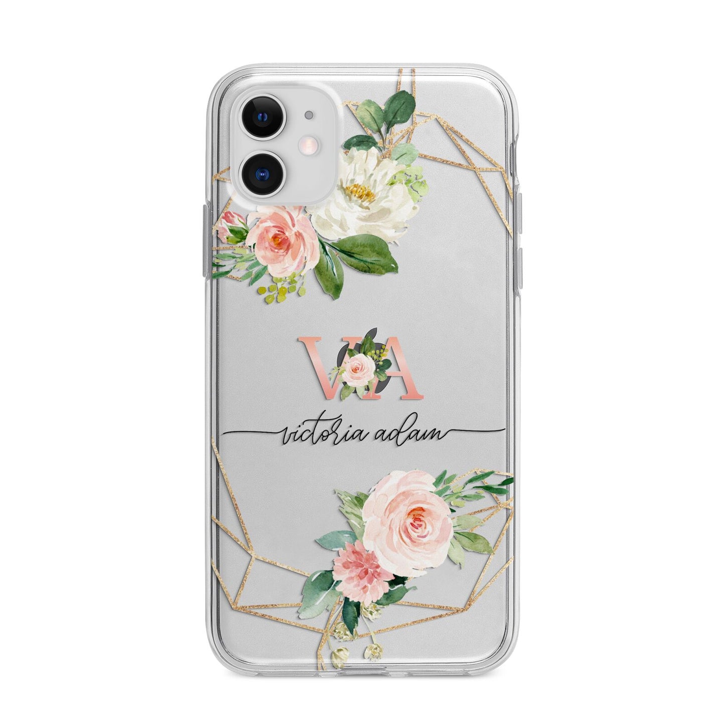 Blush Pink Rose Floral Personalised Apple iPhone 11 in White with Bumper Case