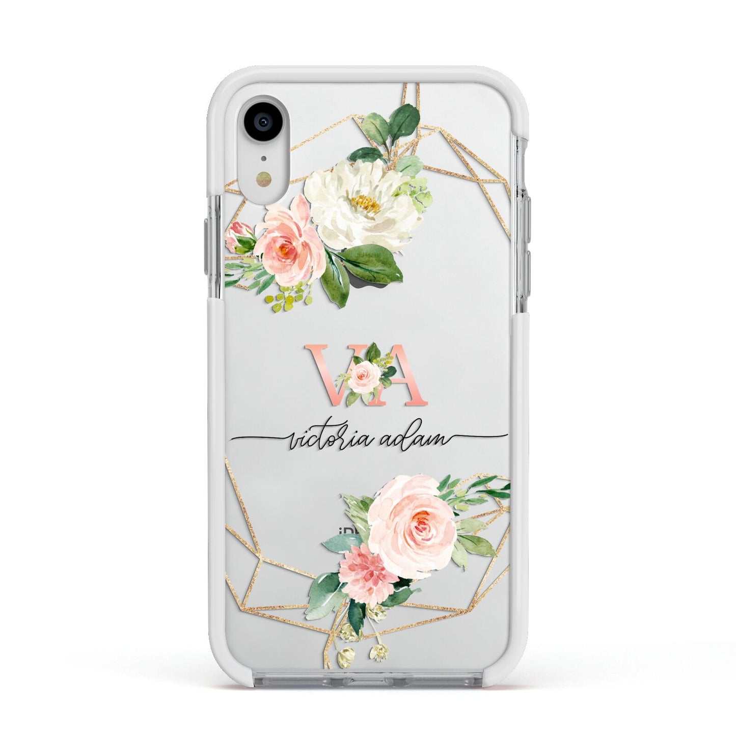 Blush Pink Rose Floral Personalised Apple iPhone XR Impact Case White Edge on Silver Phone