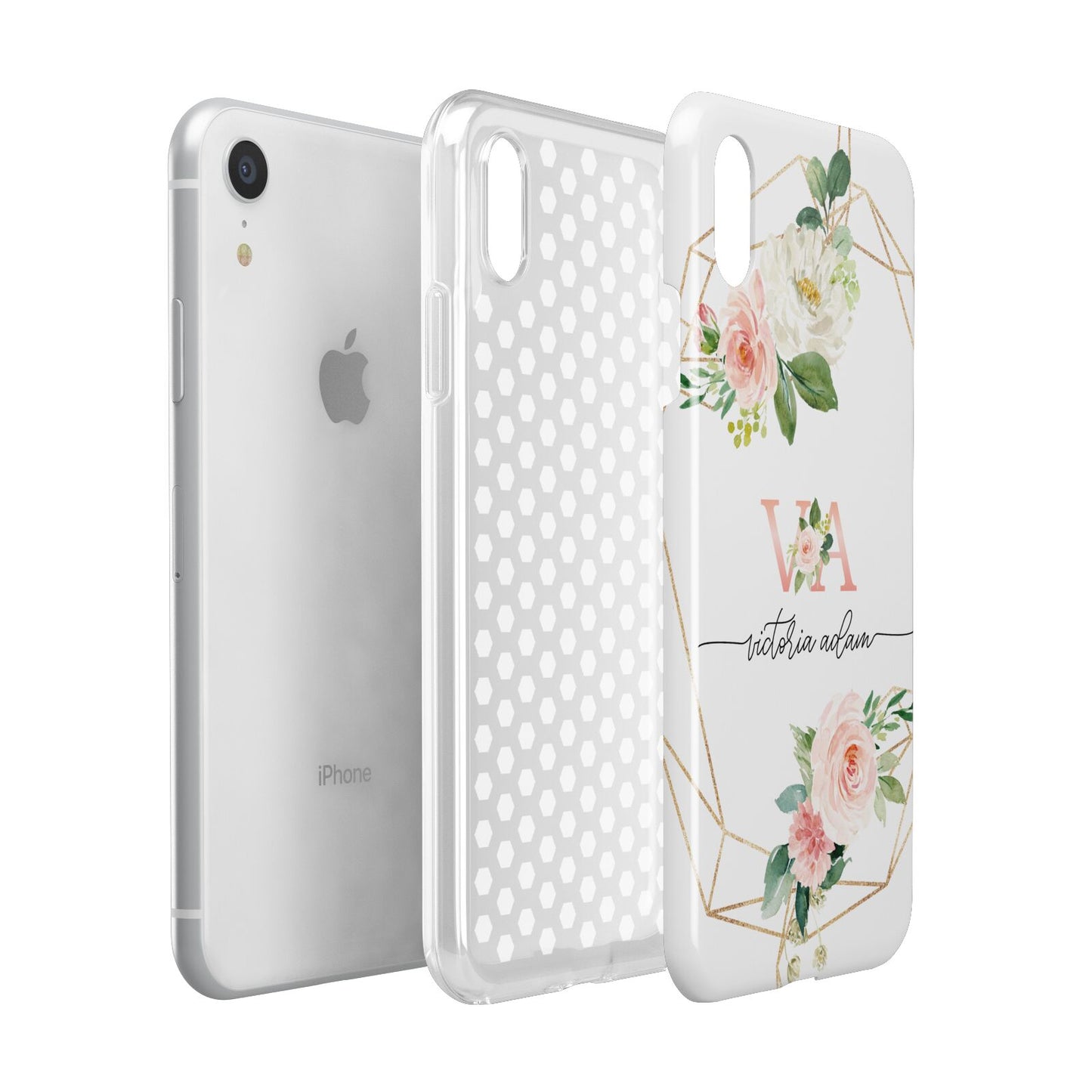 Blush Pink Rose Floral Personalised Apple iPhone XR White 3D Tough Case Expanded view