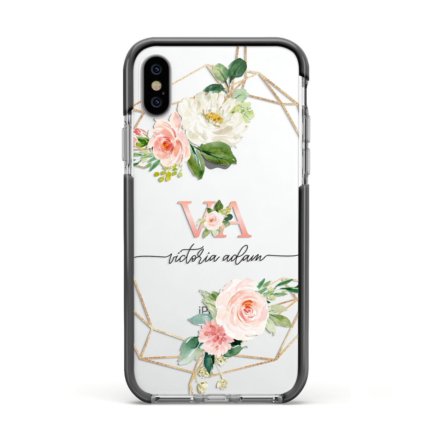 Blush Pink Rose Floral Personalised Apple iPhone Xs Impact Case Black Edge on Silver Phone