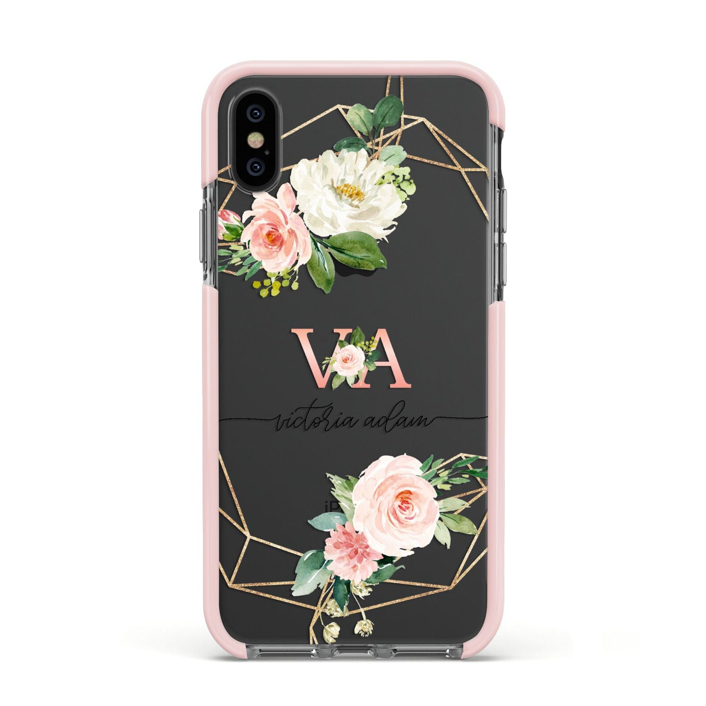 Blush Pink Rose Floral Personalised Apple iPhone Xs Impact Case Pink Edge on Black Phone