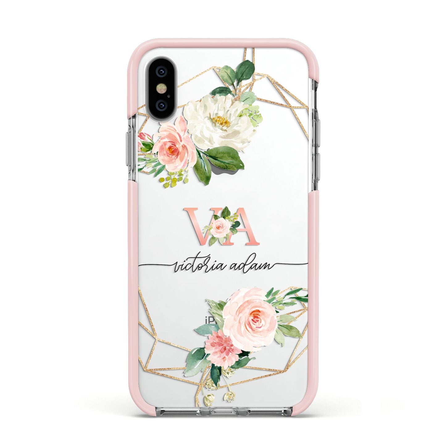 Blush Pink Rose Floral Personalised Apple iPhone Xs Impact Case Pink Edge on Silver Phone