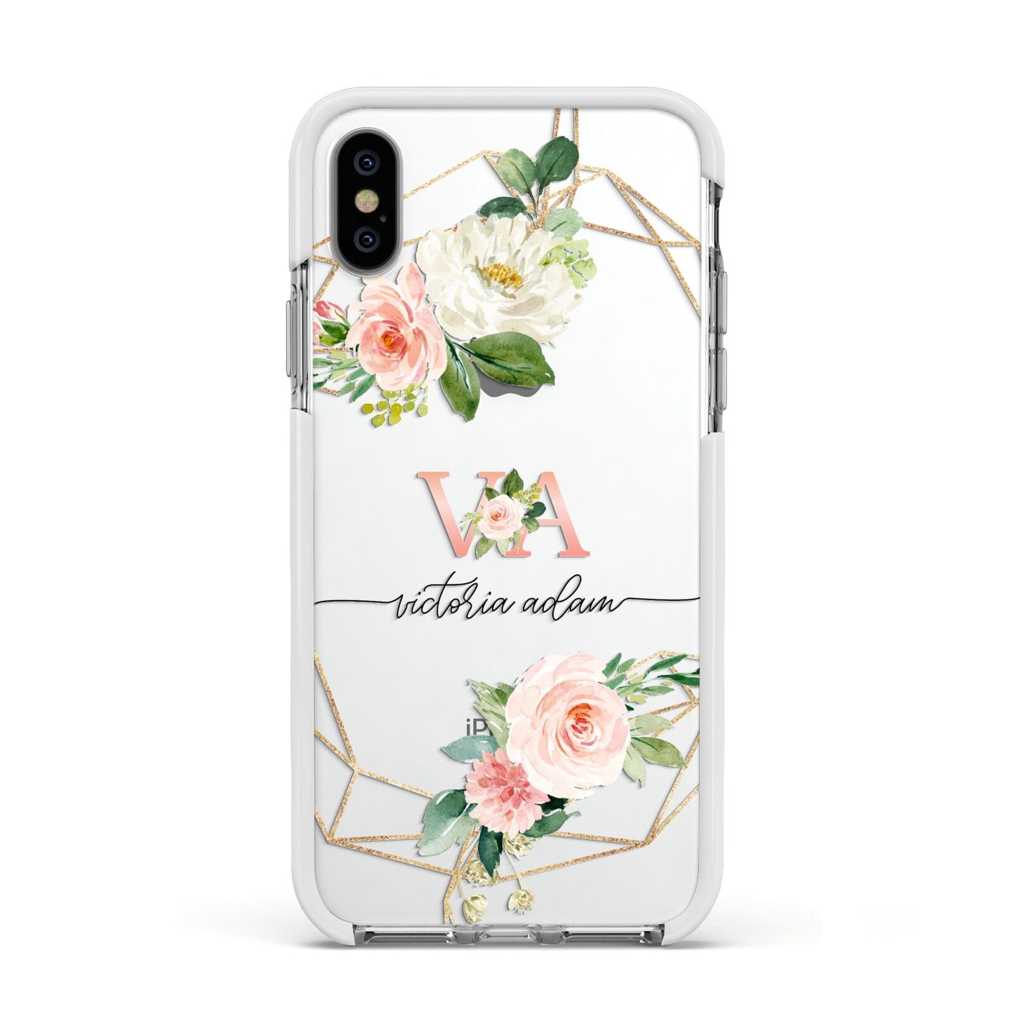 Blush Pink Rose Floral Personalised Apple iPhone Xs Impact Case White Edge on Silver Phone
