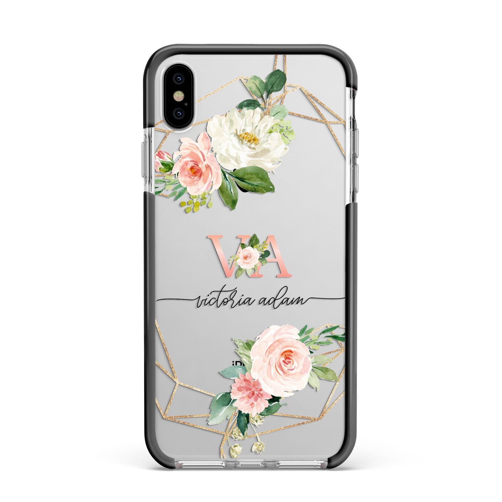 Blush Pink Rose Floral Personalised Apple iPhone Xs Max Impact Case Black Edge on Silver Phone