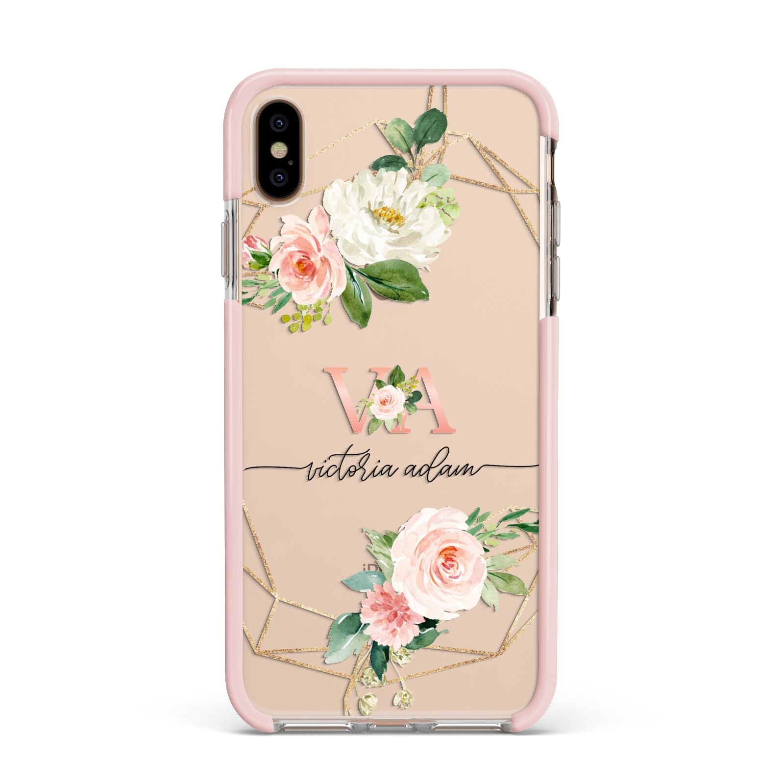 Blush Pink Rose Floral Personalised Apple iPhone Xs Max Impact Case Pink Edge on Gold Phone