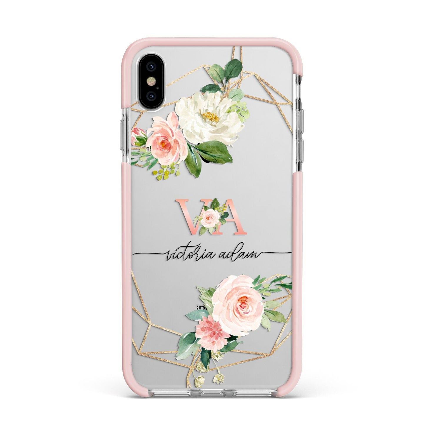 Blush Pink Rose Floral Personalised Apple iPhone Xs Max Impact Case Pink Edge on Silver Phone