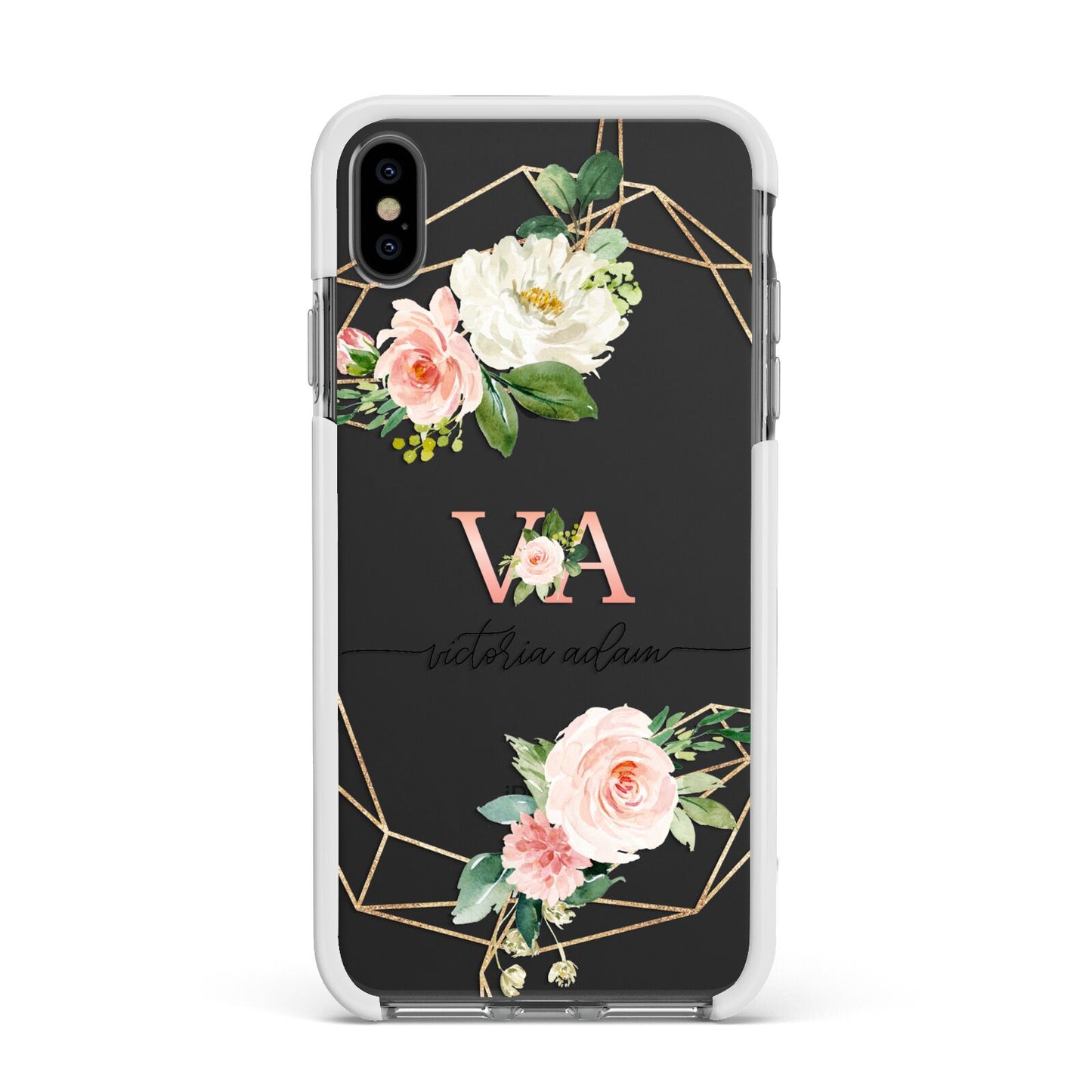 Blush Pink Rose Floral Personalised Apple iPhone Xs Max Impact Case White Edge on Black Phone