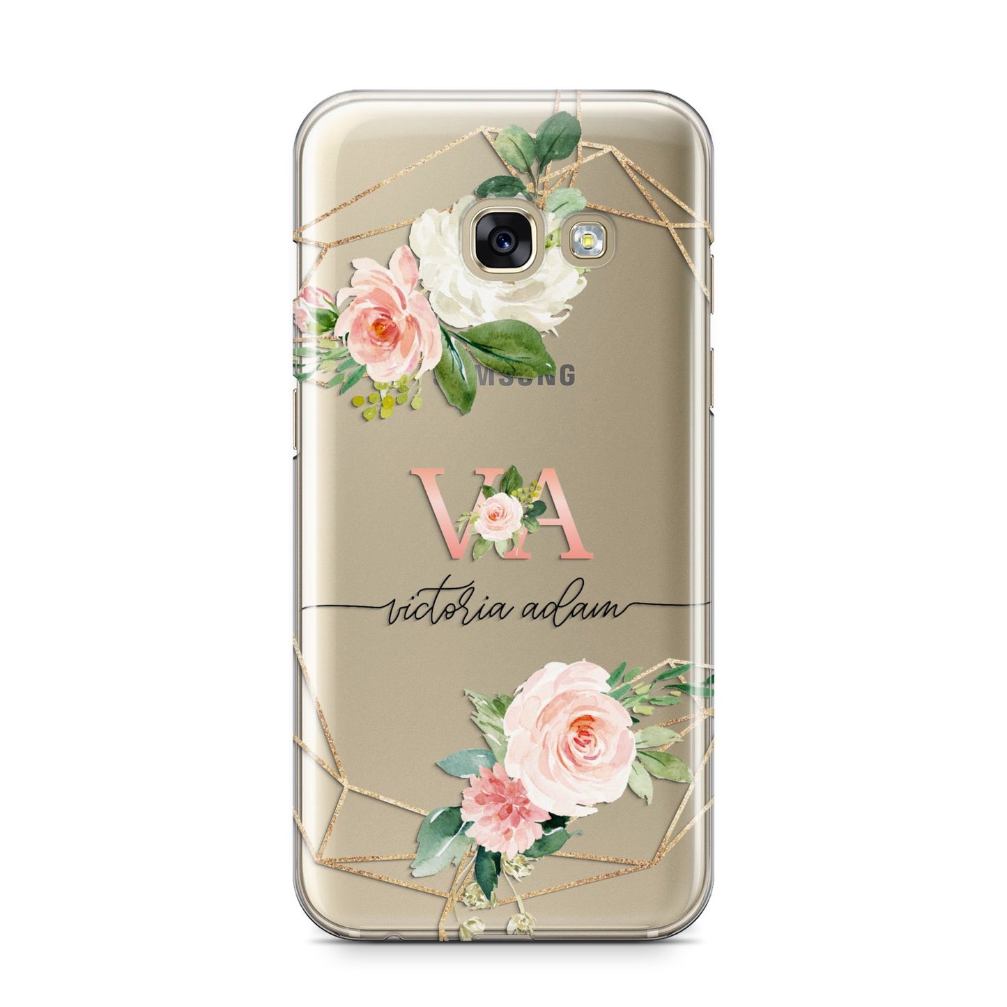 Blush Pink Rose Floral Personalised Samsung Galaxy A3 2017 Case on gold phone