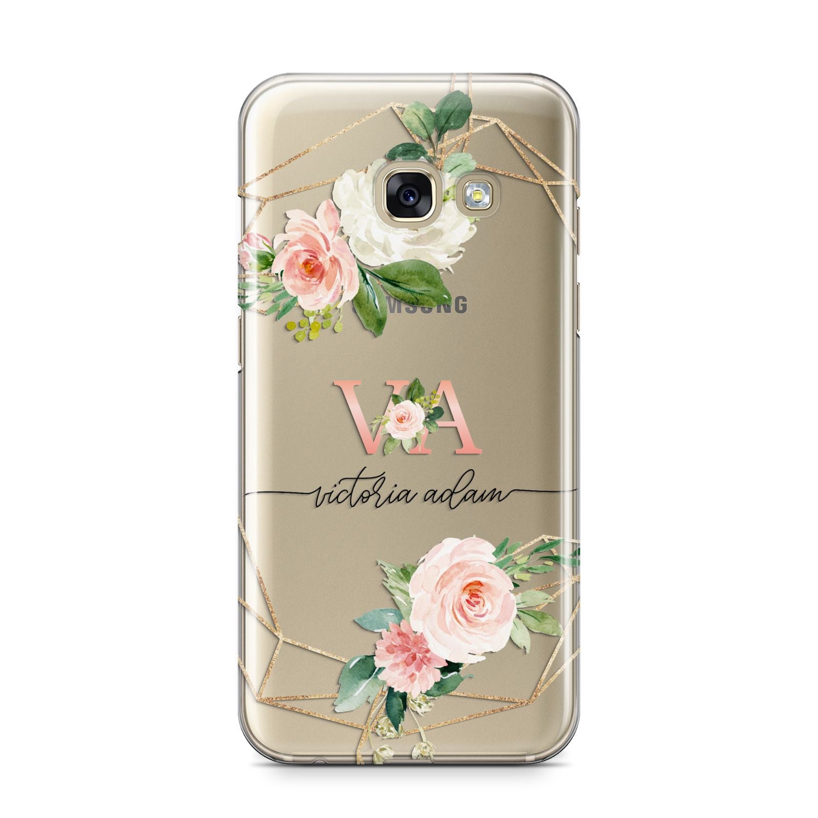 Blush Pink Rose Floral Personalised Samsung Galaxy A3 2017 Case on gold phone