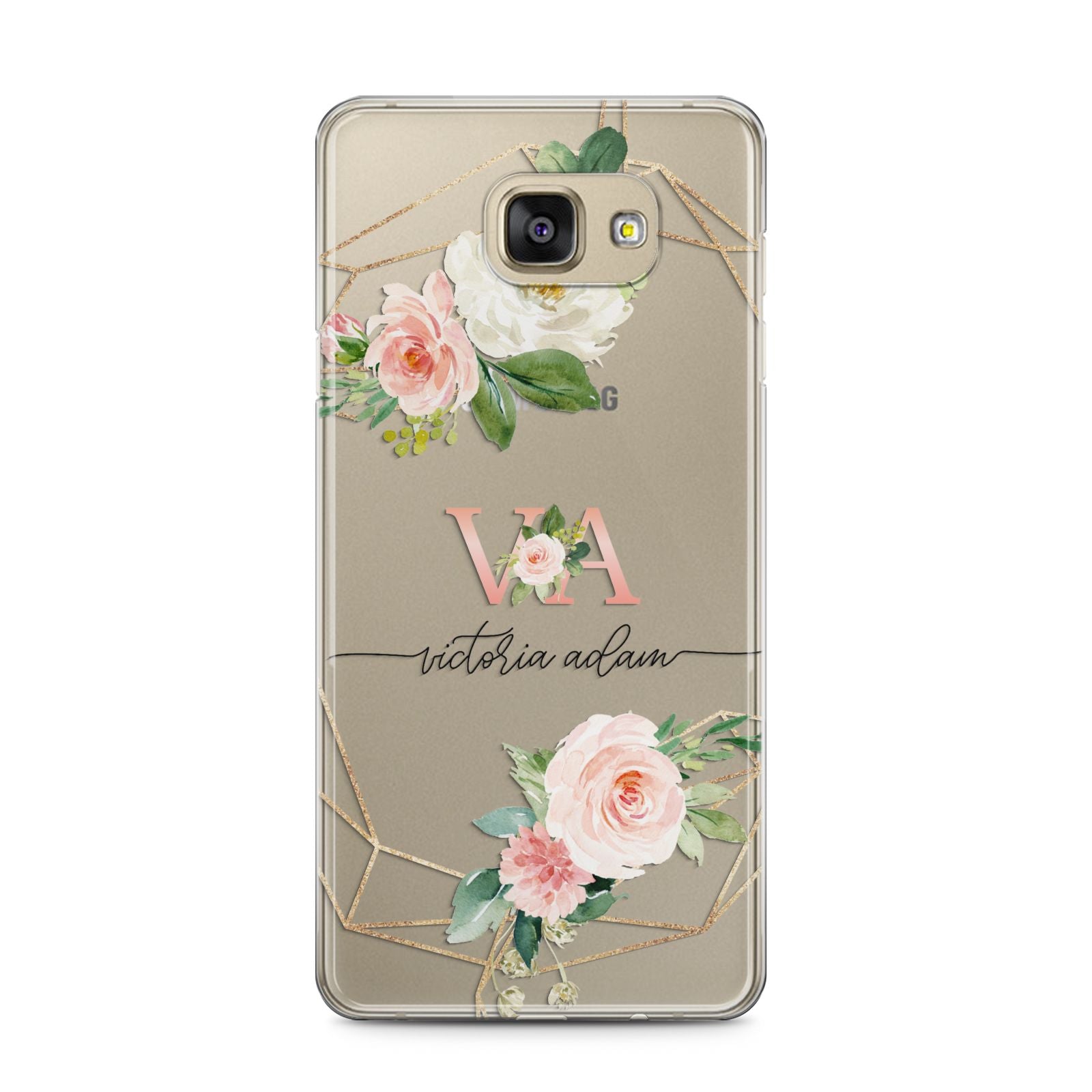 Blush Pink Rose Floral Personalised Samsung Galaxy A5 2016 Case on gold phone