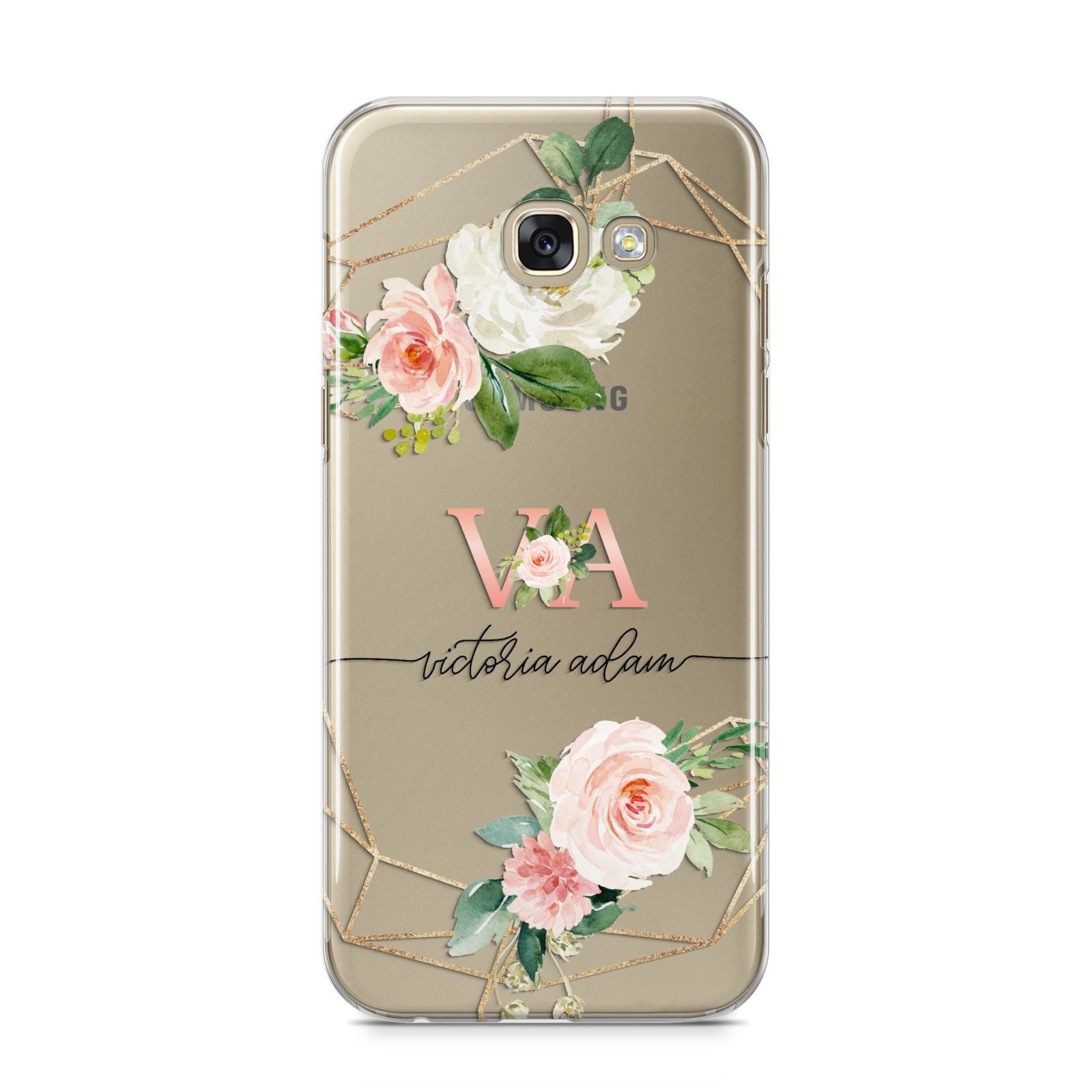 Blush Pink Rose Floral Personalised Samsung Galaxy A5 2017 Case on gold phone