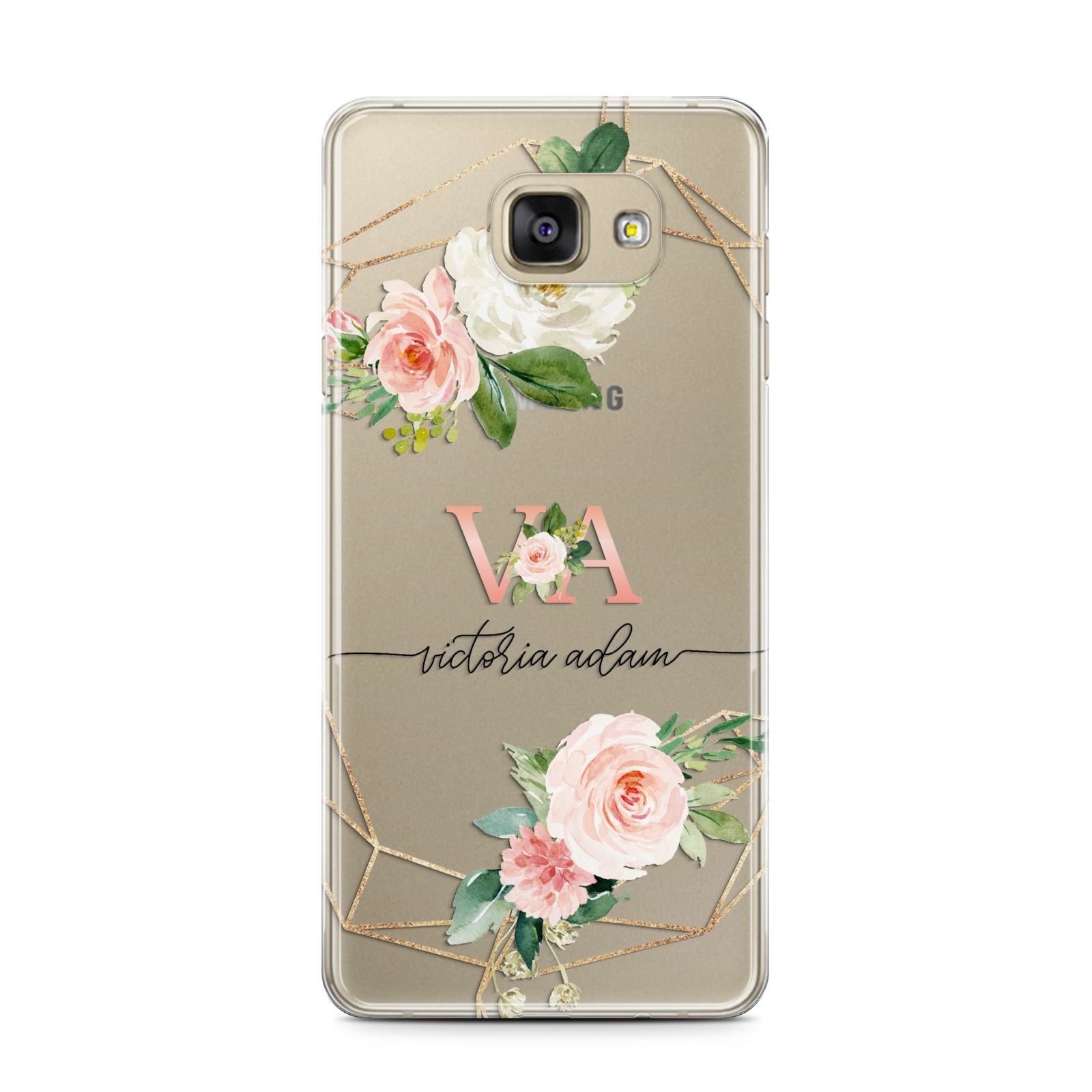 Blush Pink Rose Floral Personalised Samsung Galaxy A7 2016 Case on gold phone