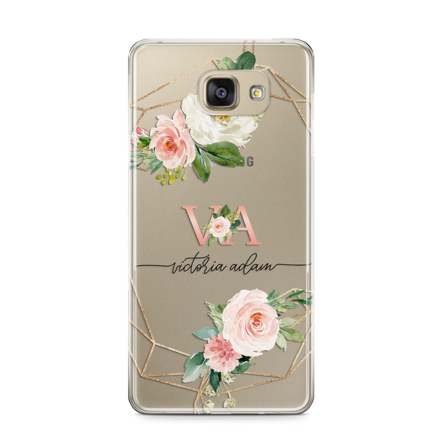 Blush Pink Rose Floral Personalised Samsung Galaxy A9 2016 Case on gold phone