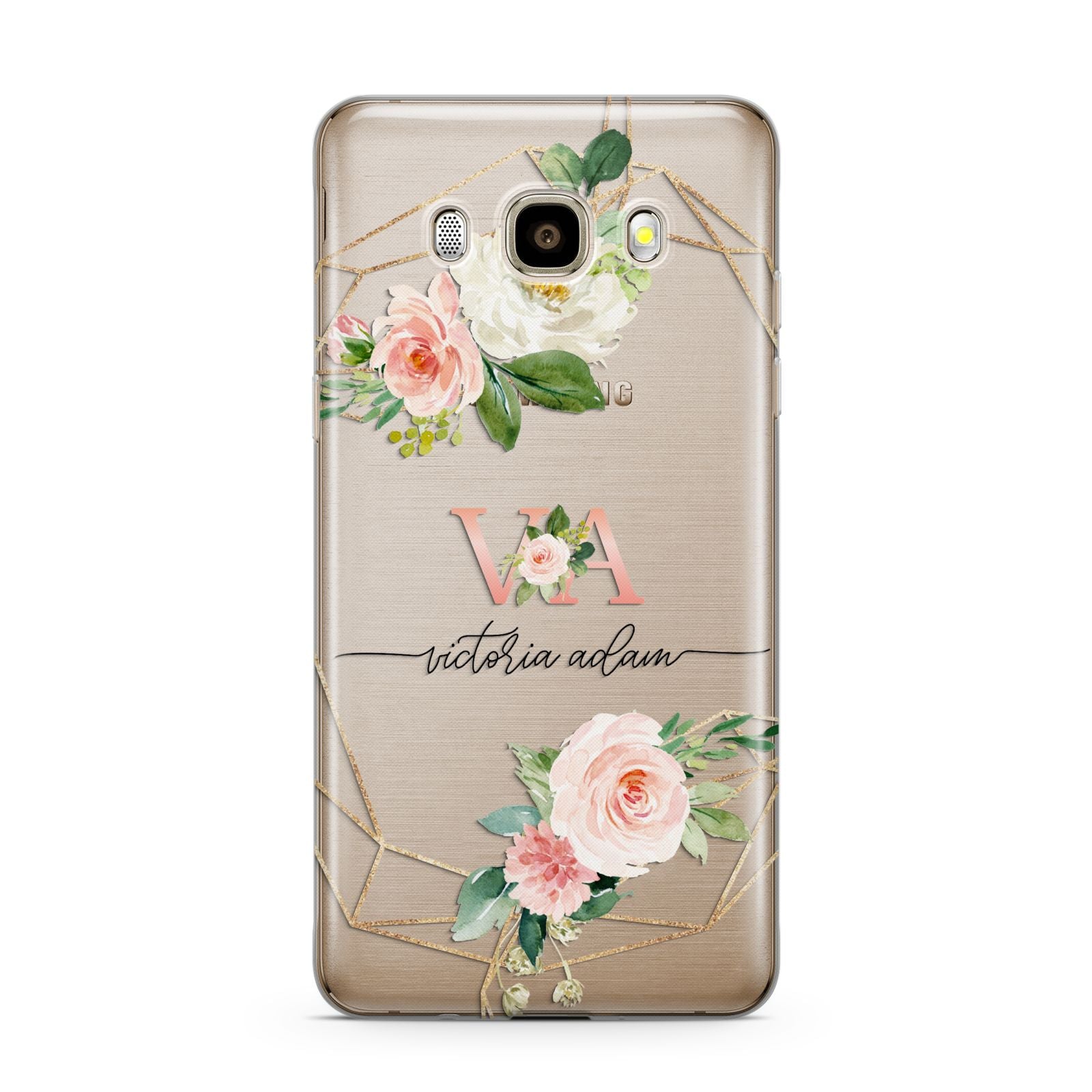 Blush Pink Rose Floral Personalised Samsung Galaxy J7 2016 Case on gold phone