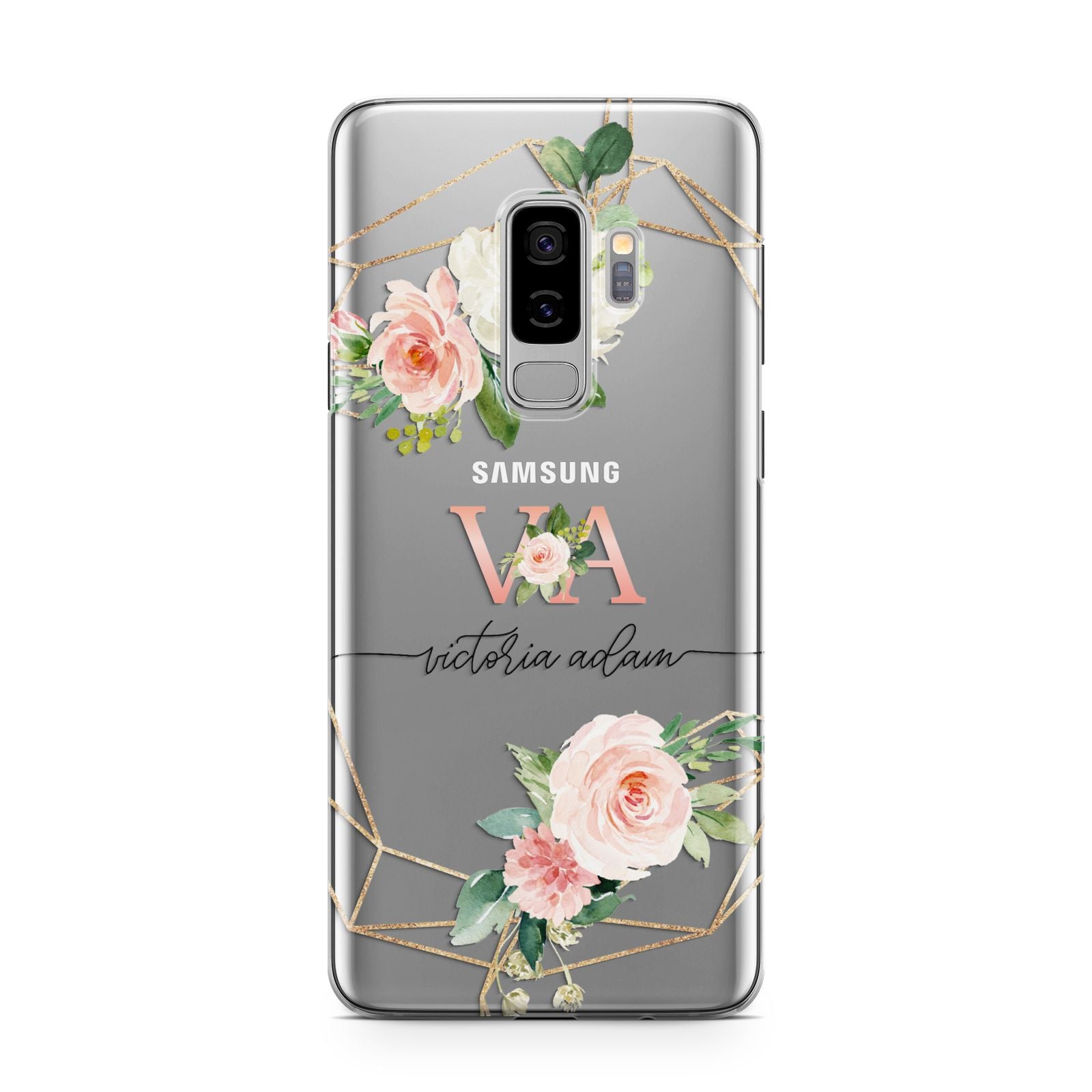 Blush Pink Rose Floral Personalised Samsung Galaxy S9 Plus Case on Silver phone