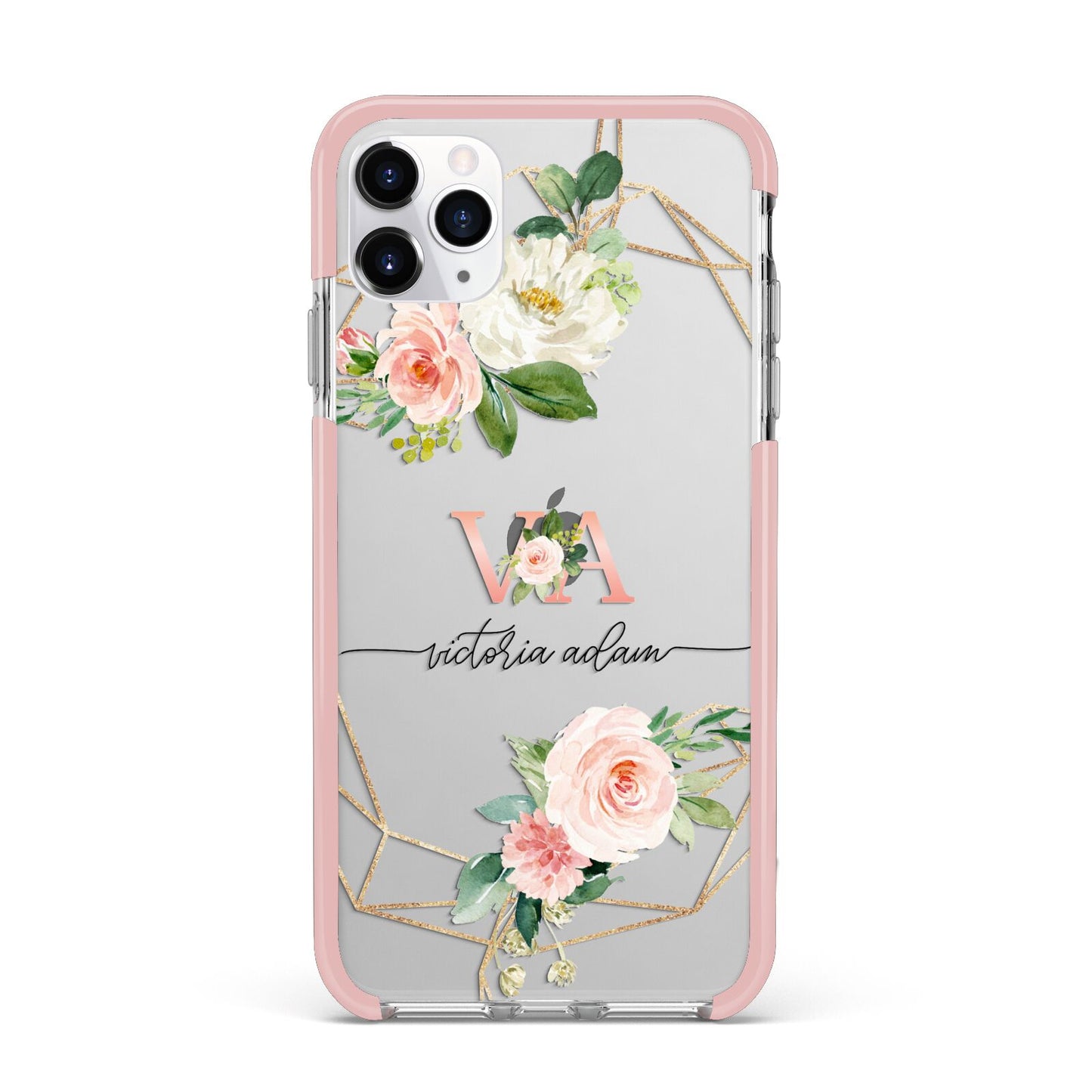 Blush Pink Rose Floral Personalised iPhone 11 Pro Max Impact Pink Edge Case