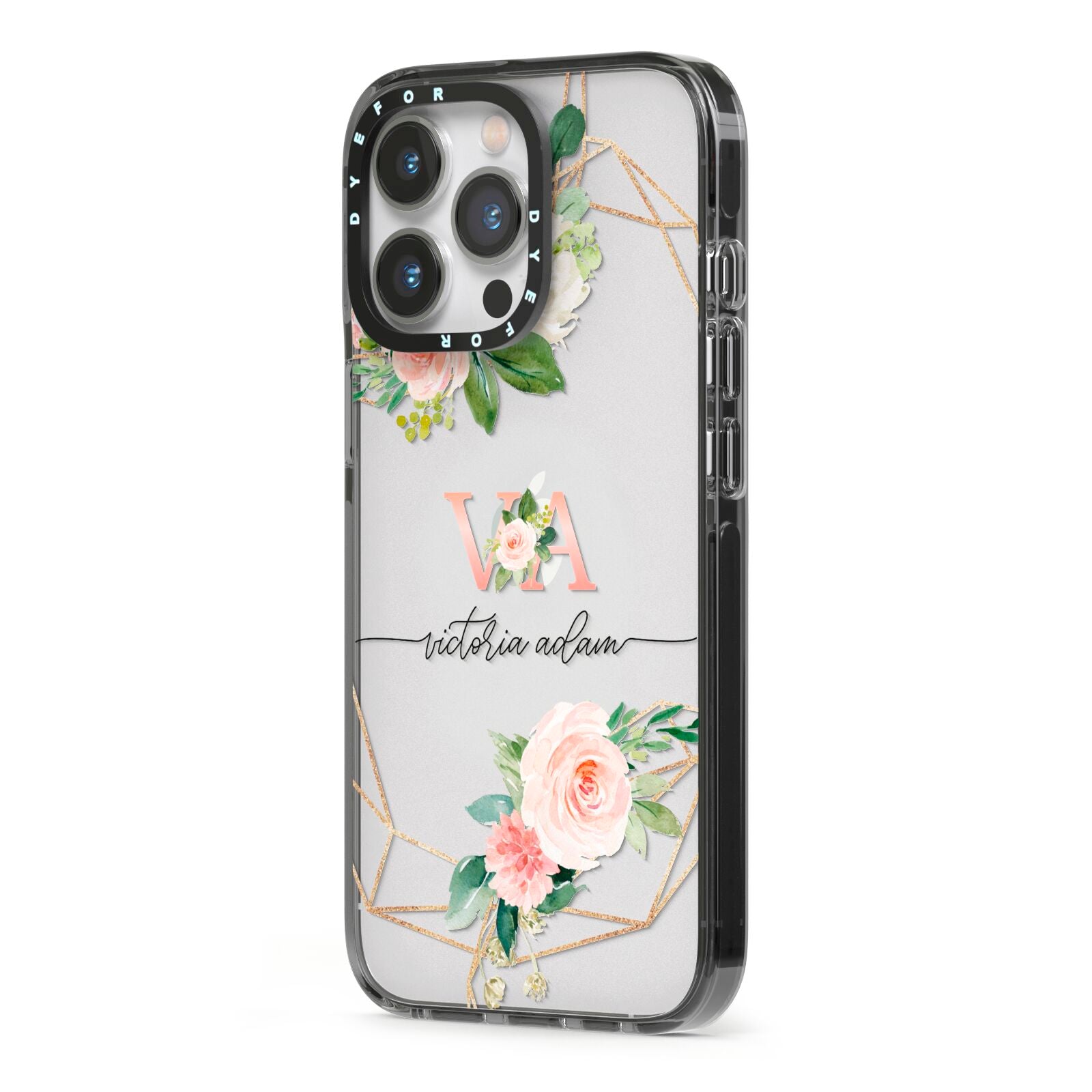 Blush Pink Rose Floral Personalised iPhone 13 Pro Black Impact Case Side Angle on Silver phone