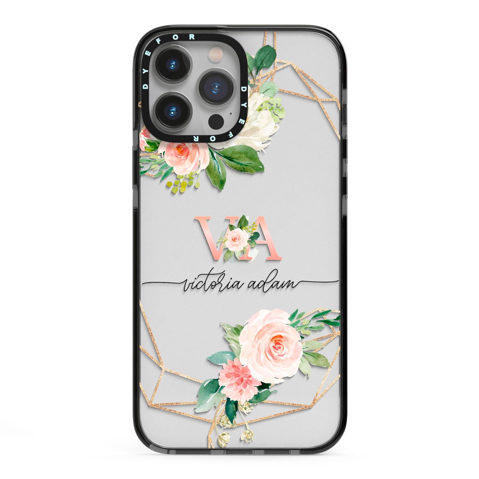 Blush Pink Rose Floral Personalised iPhone 13 Pro Max Black Impact Case on Silver phone