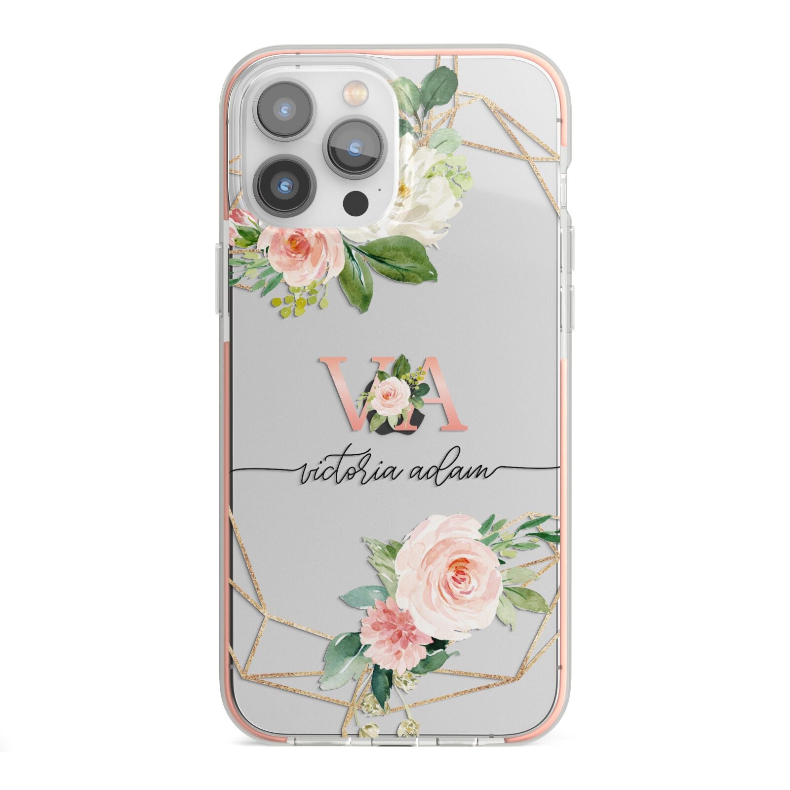 Blush Pink Rose Floral Personalised iPhone 13 Pro Max TPU Impact Case with Pink Edges