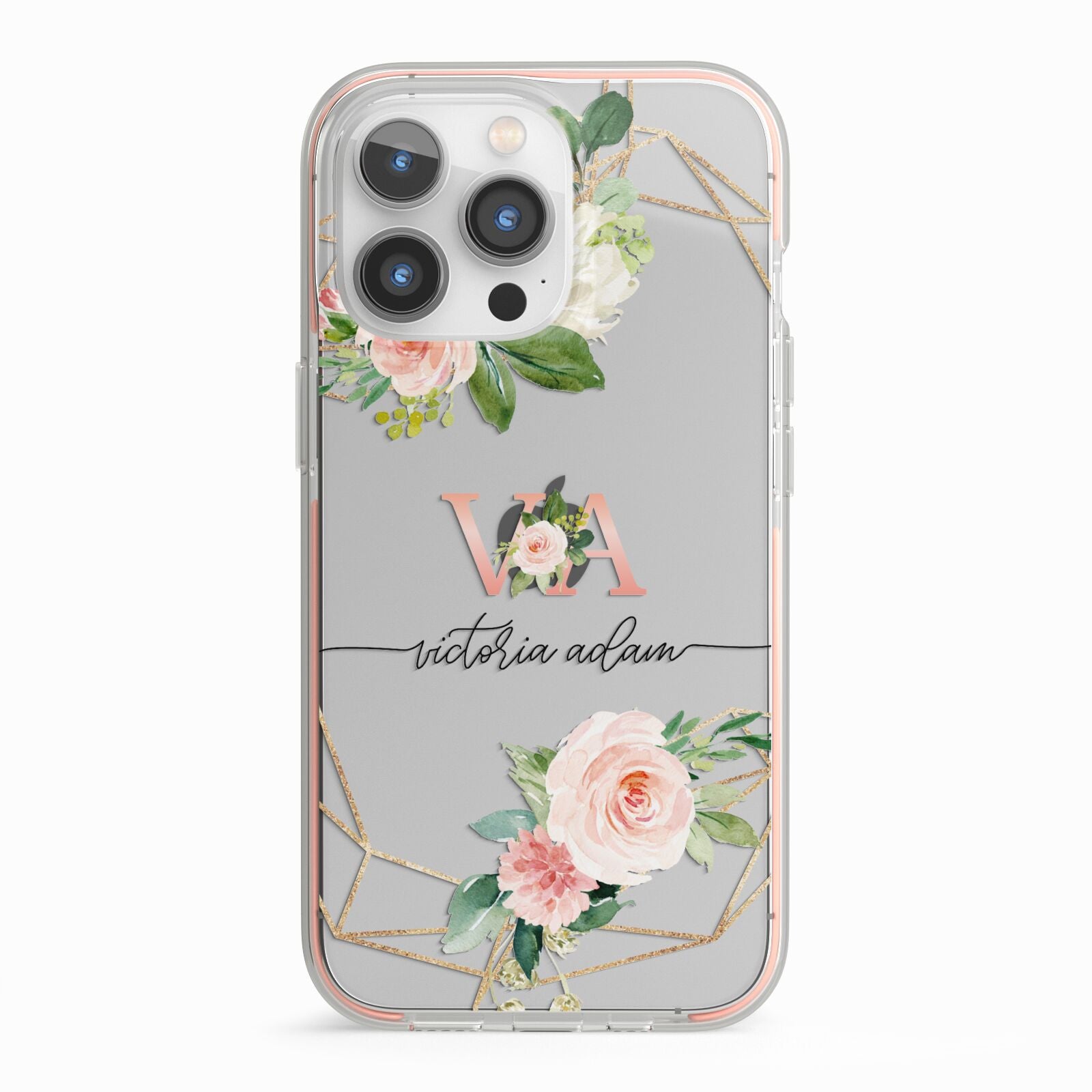 Blush Pink Rose Floral Personalised iPhone 13 Pro TPU Impact Case with Pink Edges