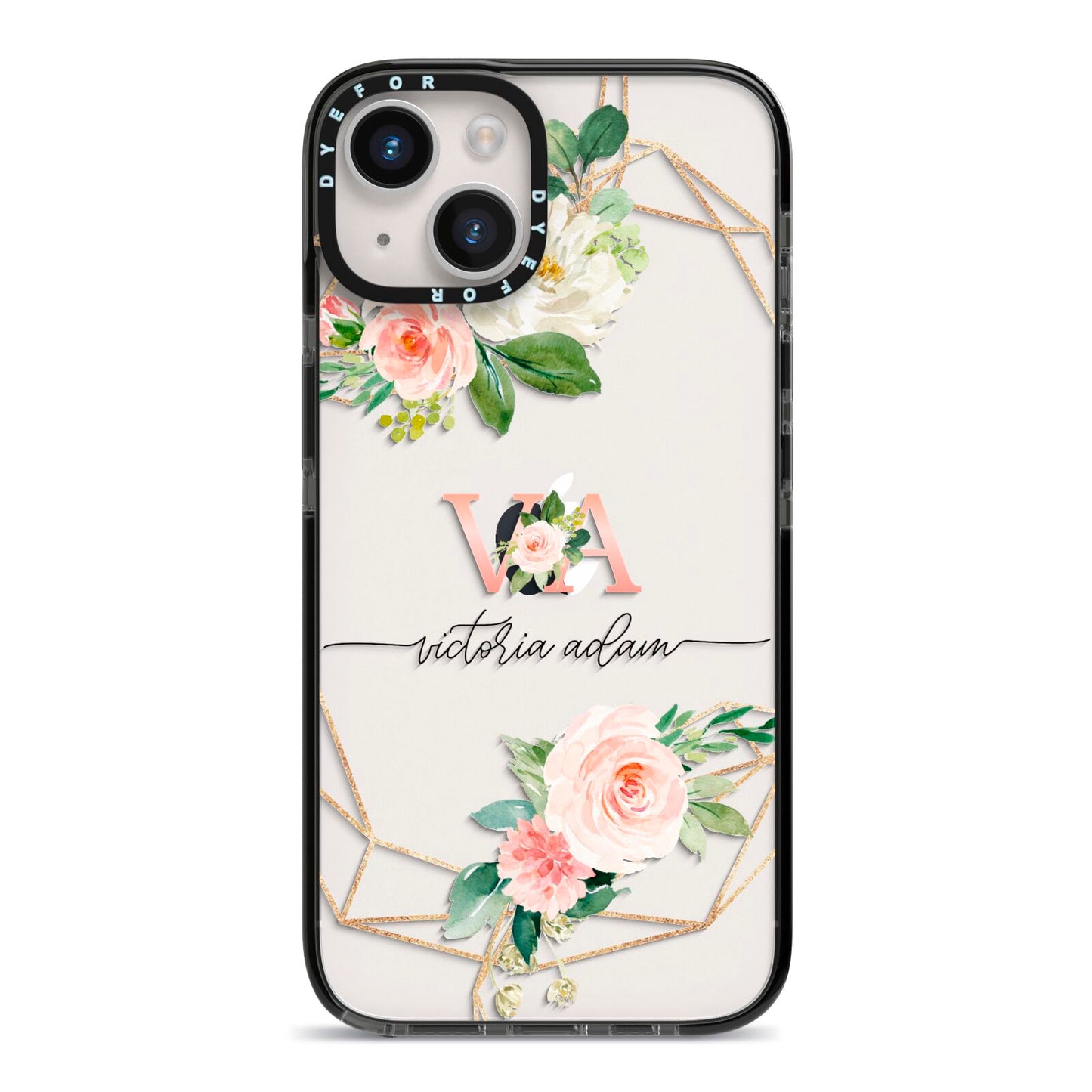 Blush Pink Rose Floral Personalised iPhone 14 Black Impact Case on Silver phone