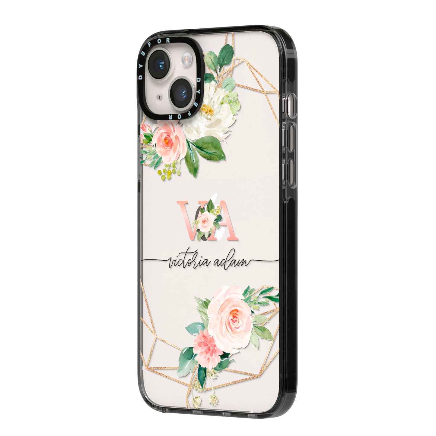 Blush Pink Rose Floral Personalised iPhone 14 Plus Black Impact Case Side Angle on Silver phone