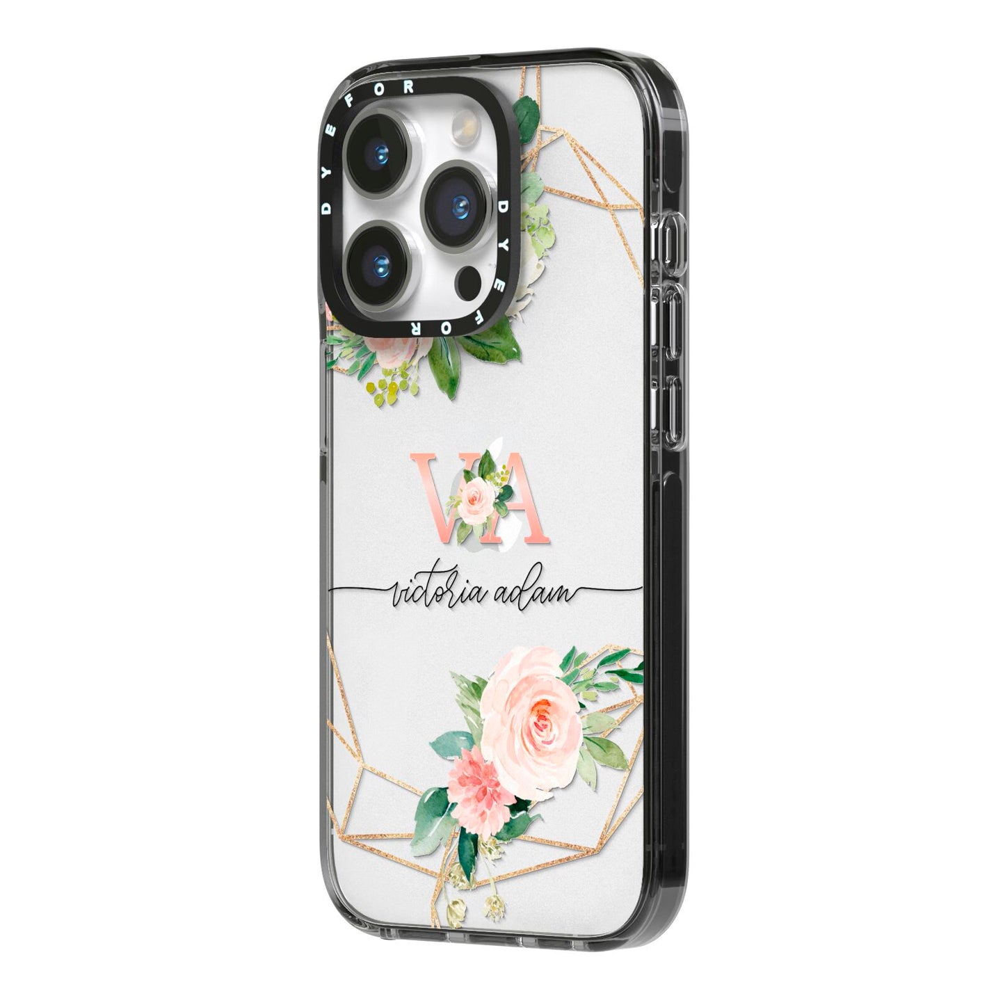 Blush Pink Rose Floral Personalised iPhone 14 Pro Black Impact Case Side Angle on Silver phone