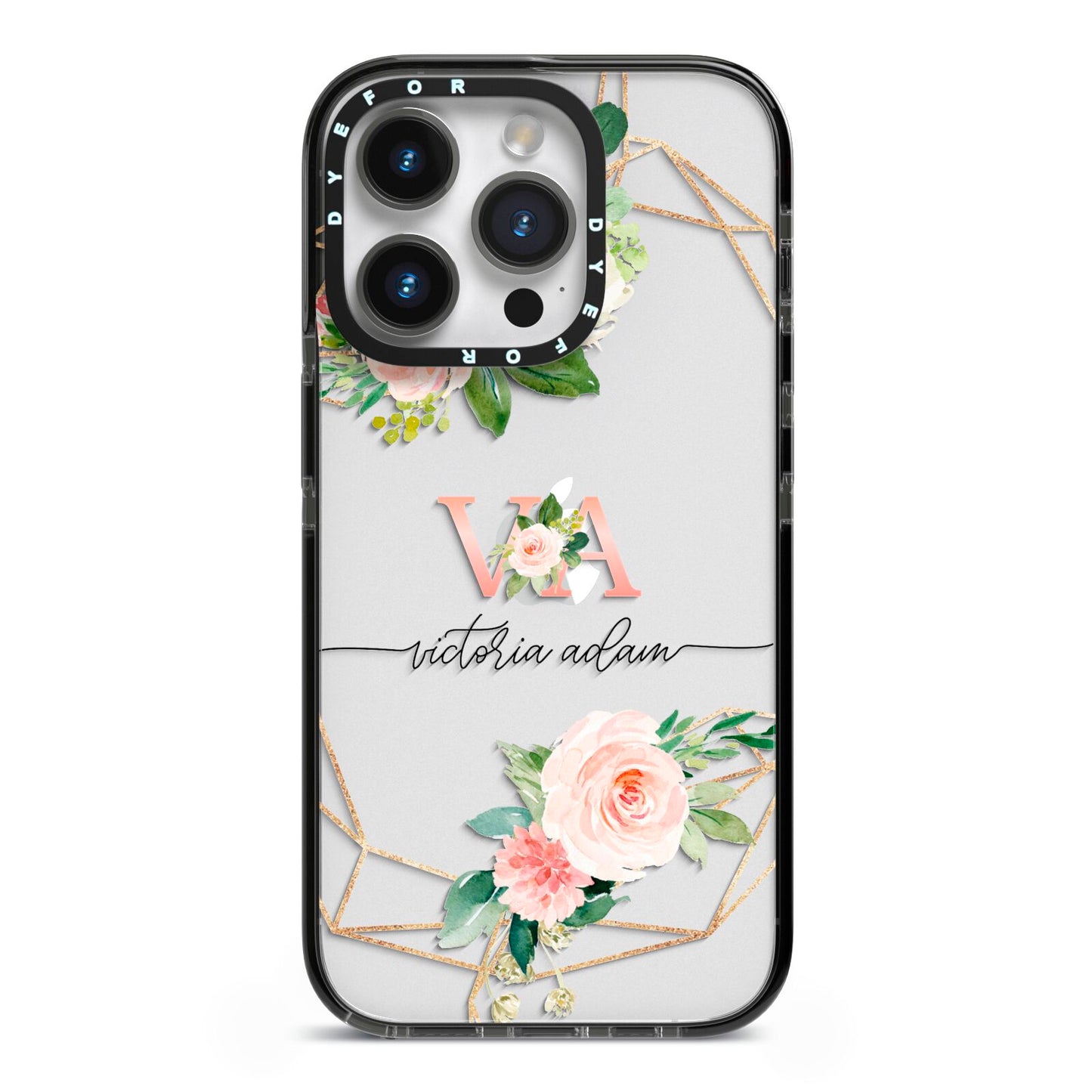 Blush Pink Rose Floral Personalised iPhone 14 Pro Black Impact Case on Silver phone