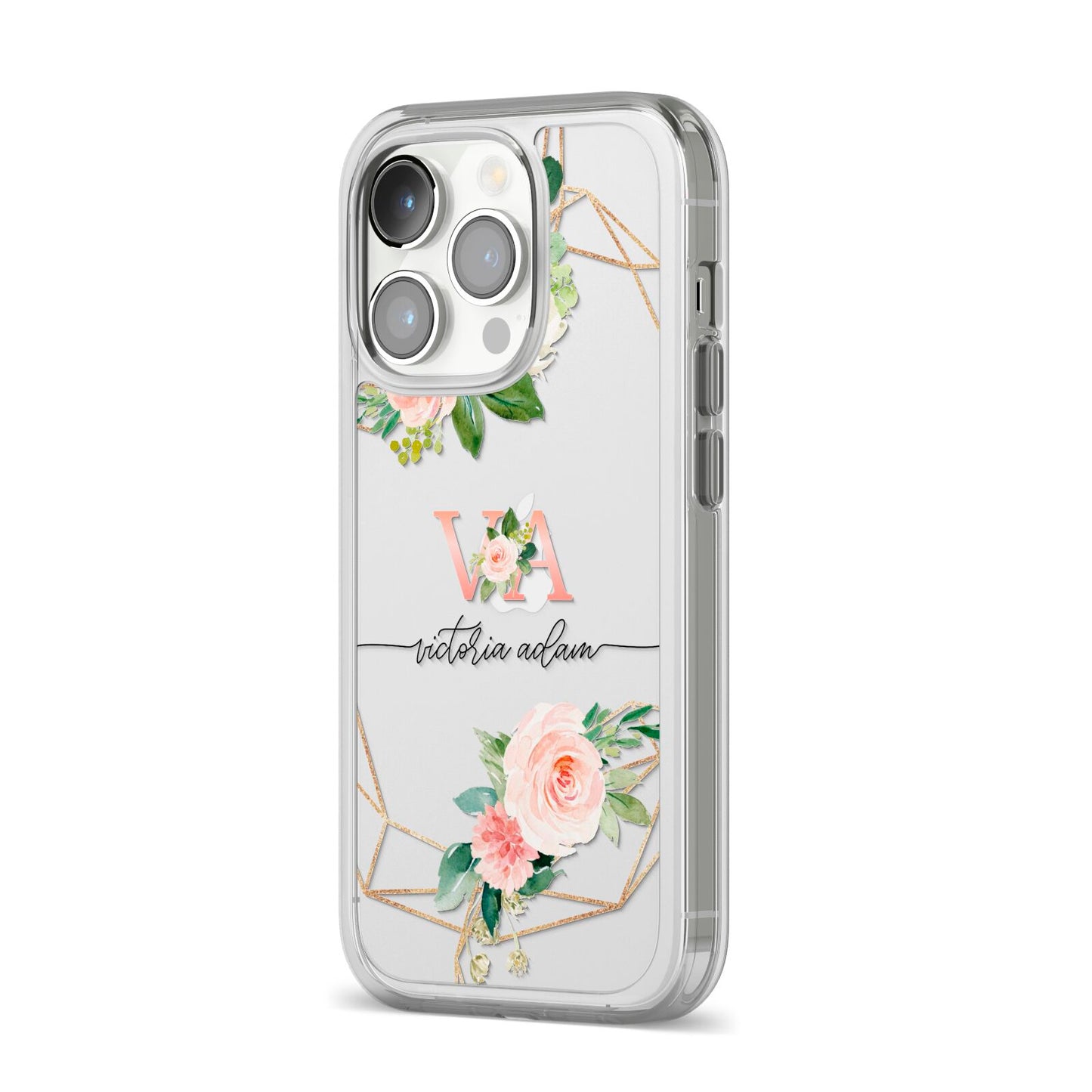Blush Pink Rose Floral Personalised iPhone 14 Pro Clear Tough Case Silver Angled Image
