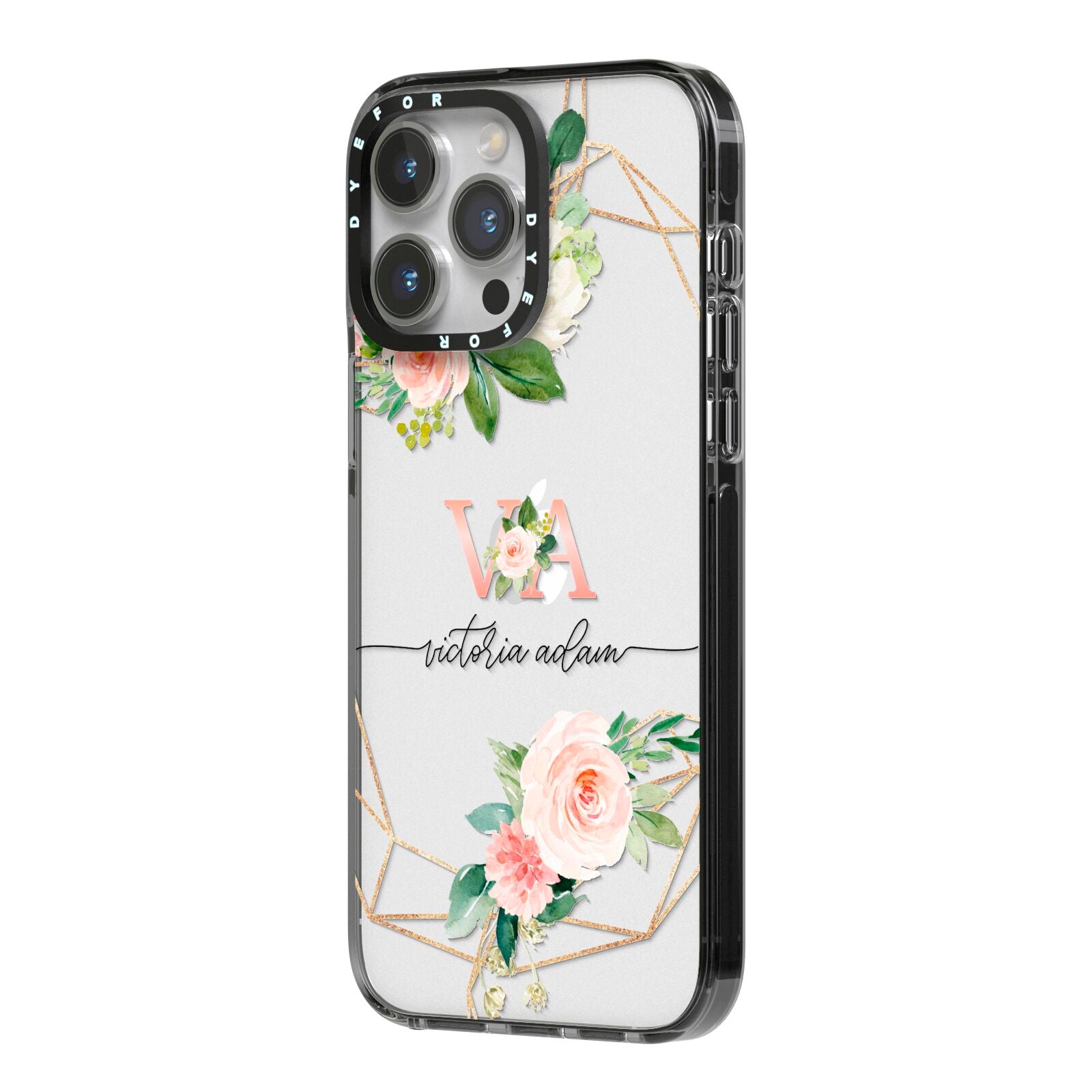 Blush Pink Rose Floral Personalised iPhone 14 Pro Max Black Impact Case Side Angle on Silver phone