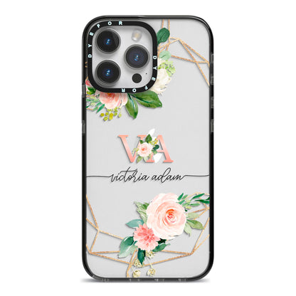 Blush Pink Rose Floral Personalised iPhone 14 Pro Max Black Impact Case on Silver phone