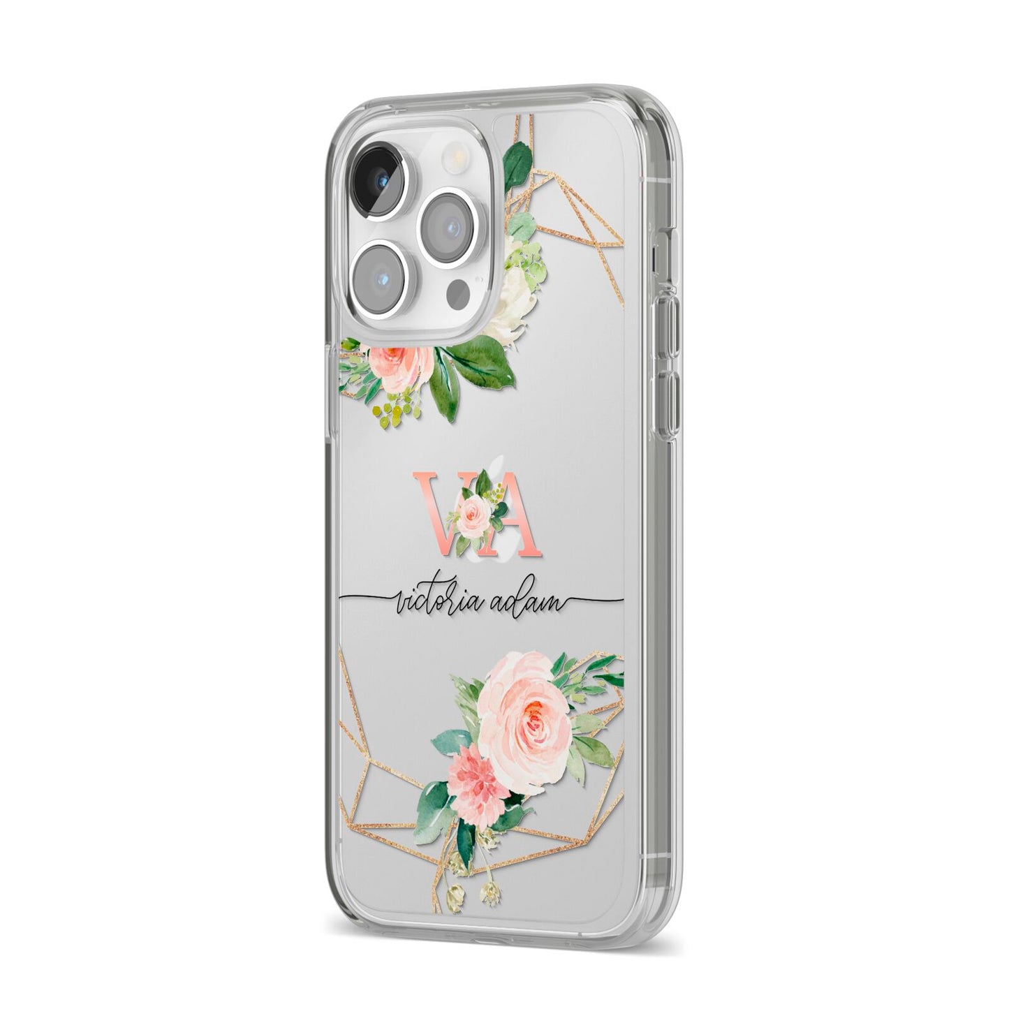 Blush Pink Rose Floral Personalised iPhone 14 Pro Max Clear Tough Case Silver Angled Image