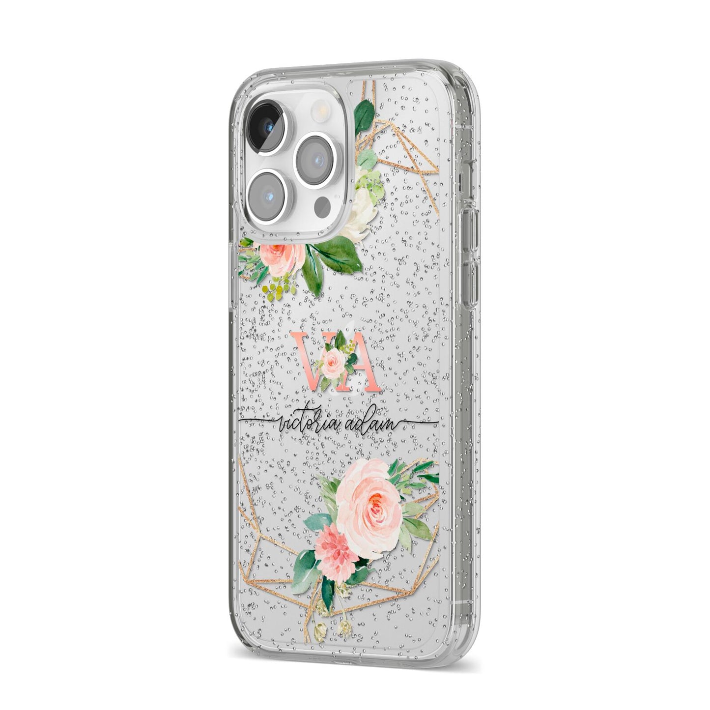 Blush Pink Rose Floral Personalised iPhone 14 Pro Max Glitter Tough Case Silver Angled Image
