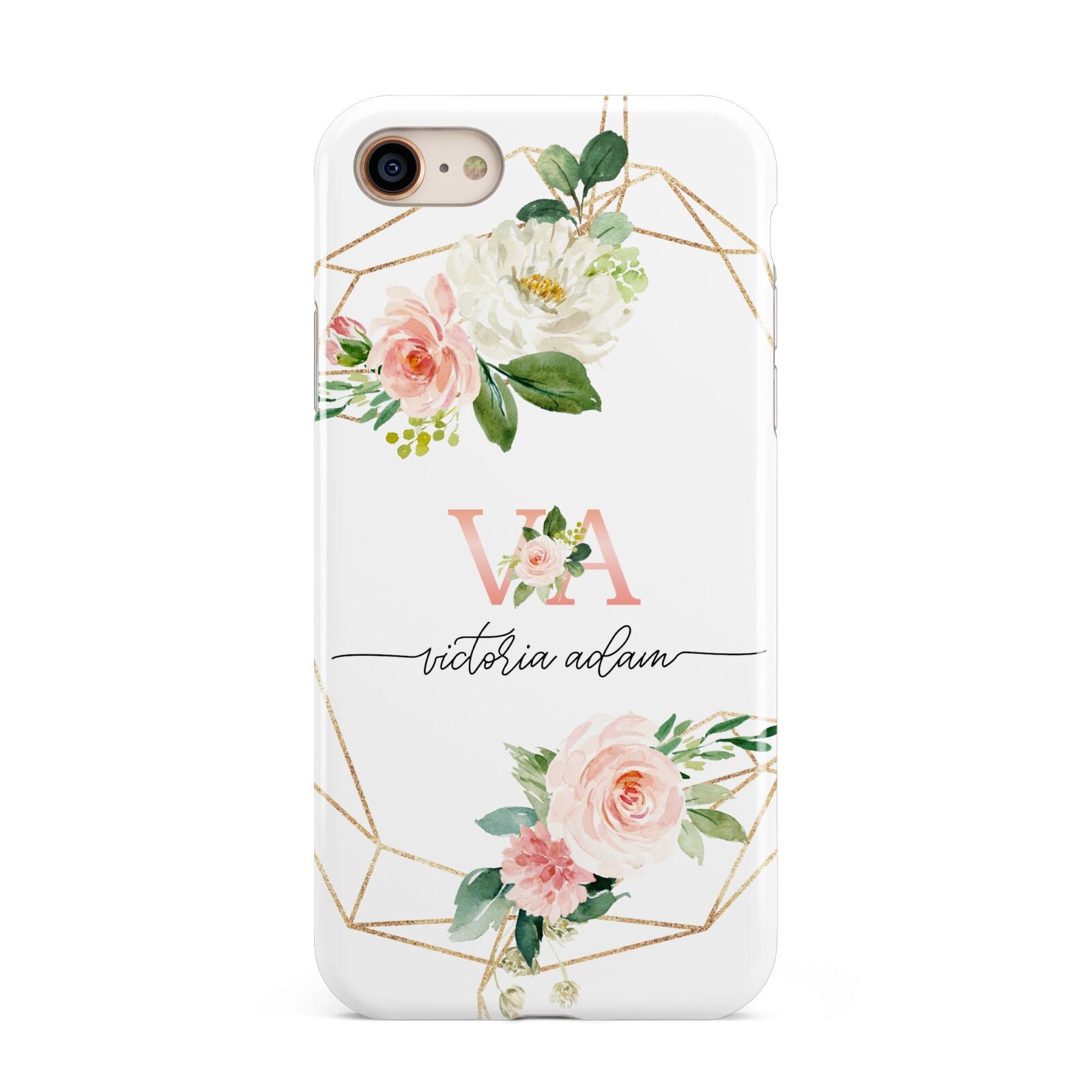 Blush Pink Rose Floral Personalised iPhone 8 3D Tough Case on Gold Phone