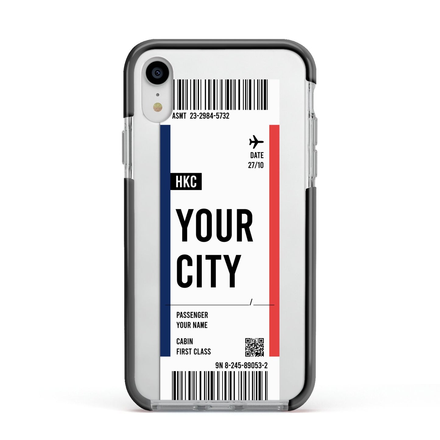 Boarding Pass Ticket Apple iPhone XR Impact Case Black Edge on Silver Phone