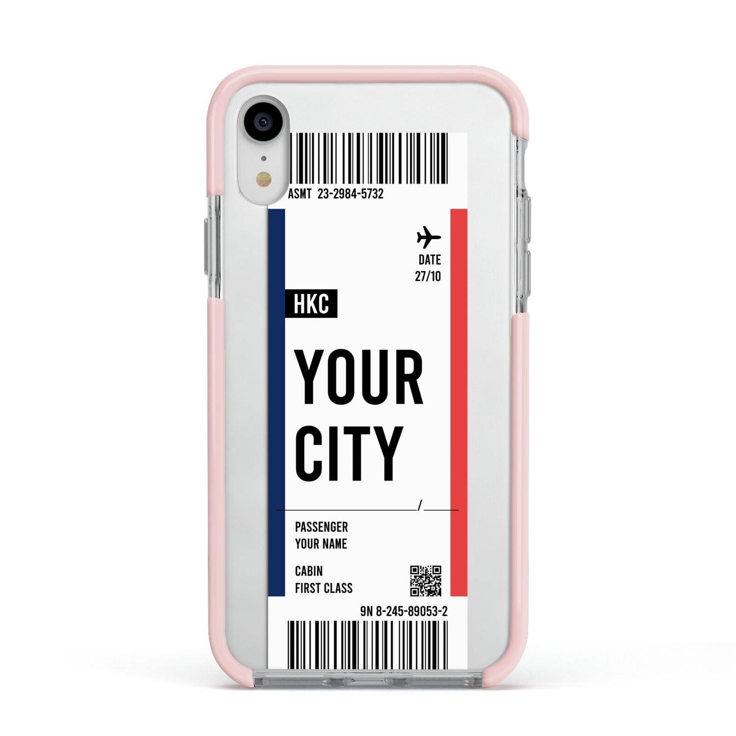 Boarding Pass Ticket Apple iPhone XR Impact Case Pink Edge on Silver Phone