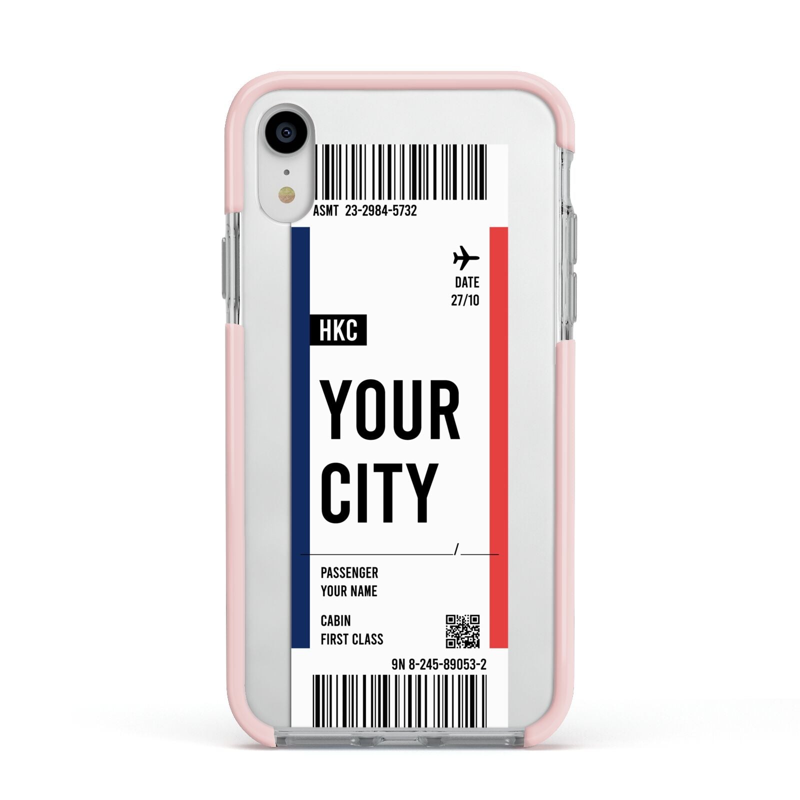 Boarding Pass Ticket Apple iPhone XR Impact Case Pink Edge on Silver Phone