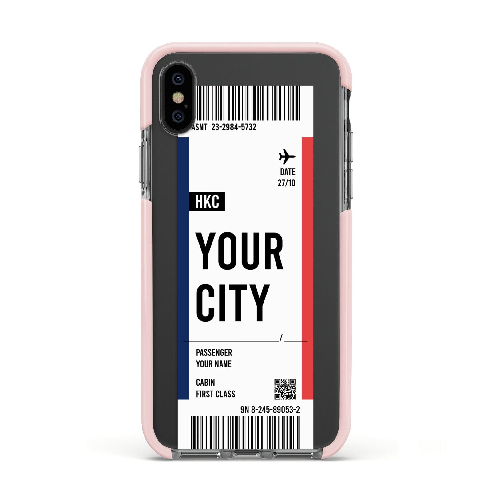 Boarding Pass Ticket Apple iPhone Xs Impact Case Pink Edge on Black Phone