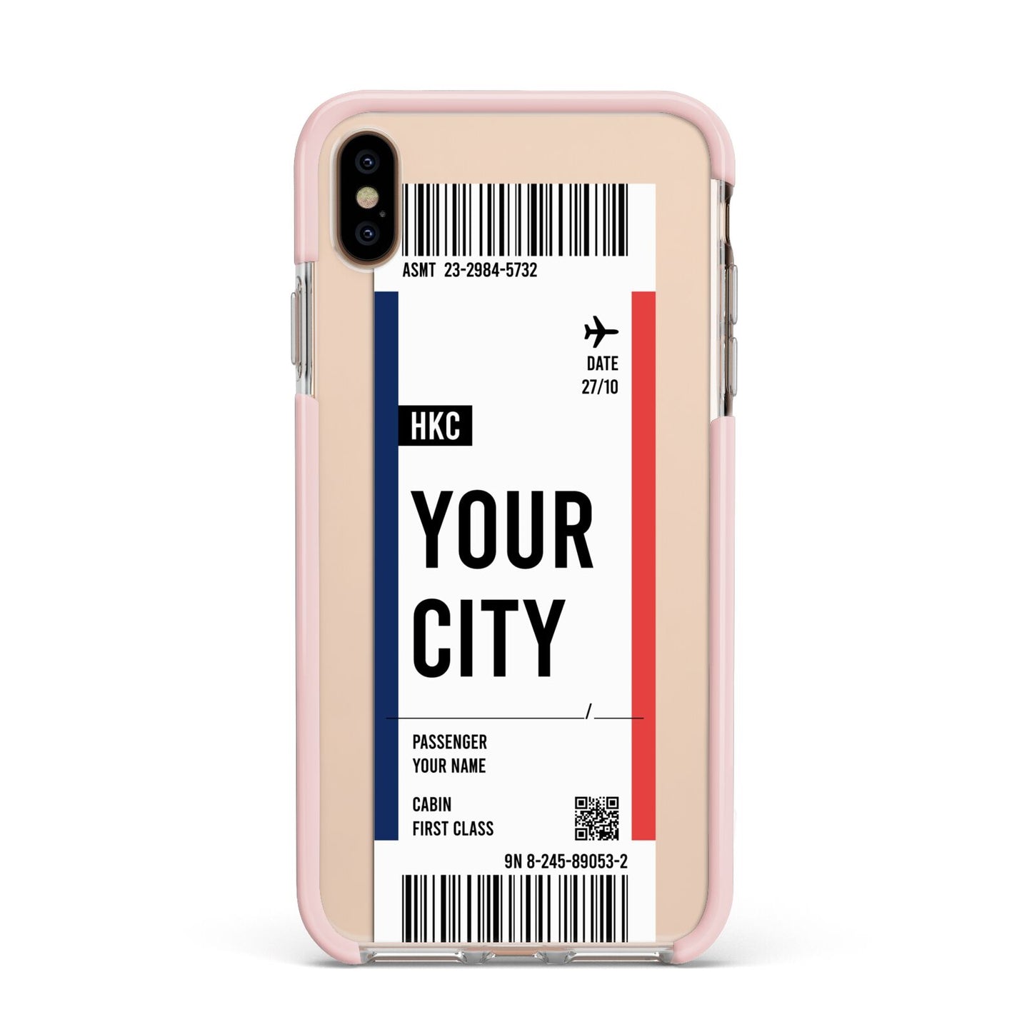Boarding Pass Ticket Apple iPhone Xs Max Impact Case Pink Edge on Gold Phone
