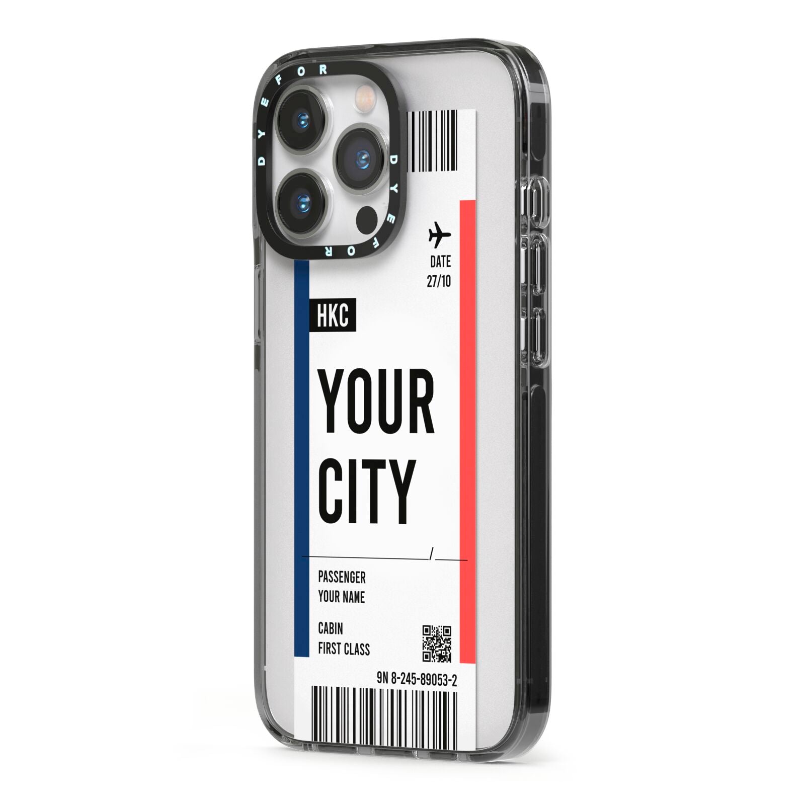 Boarding Pass Ticket iPhone 13 Pro Black Impact Case Side Angle on Silver phone