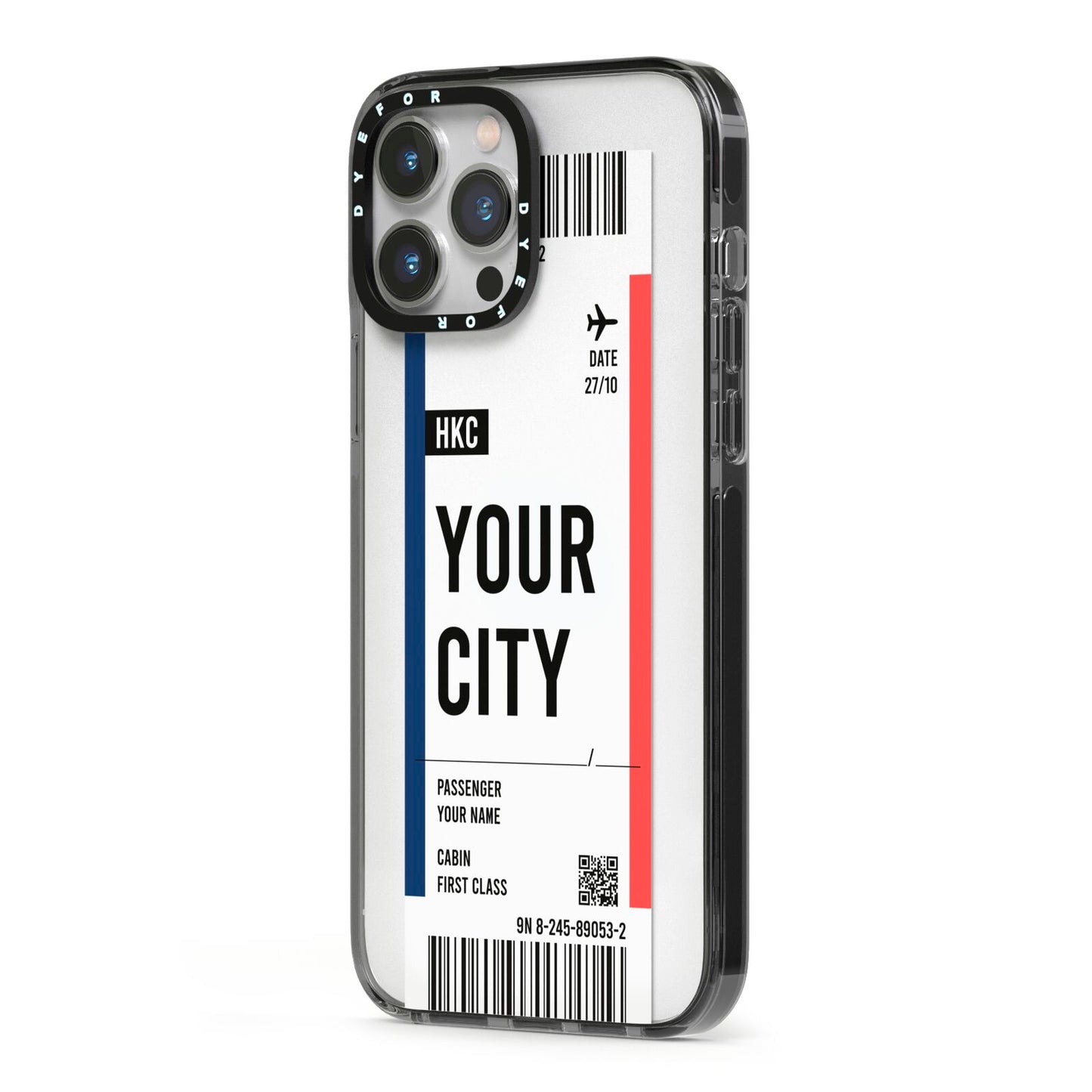 Boarding Pass Ticket iPhone 13 Pro Max Black Impact Case Side Angle on Silver phone